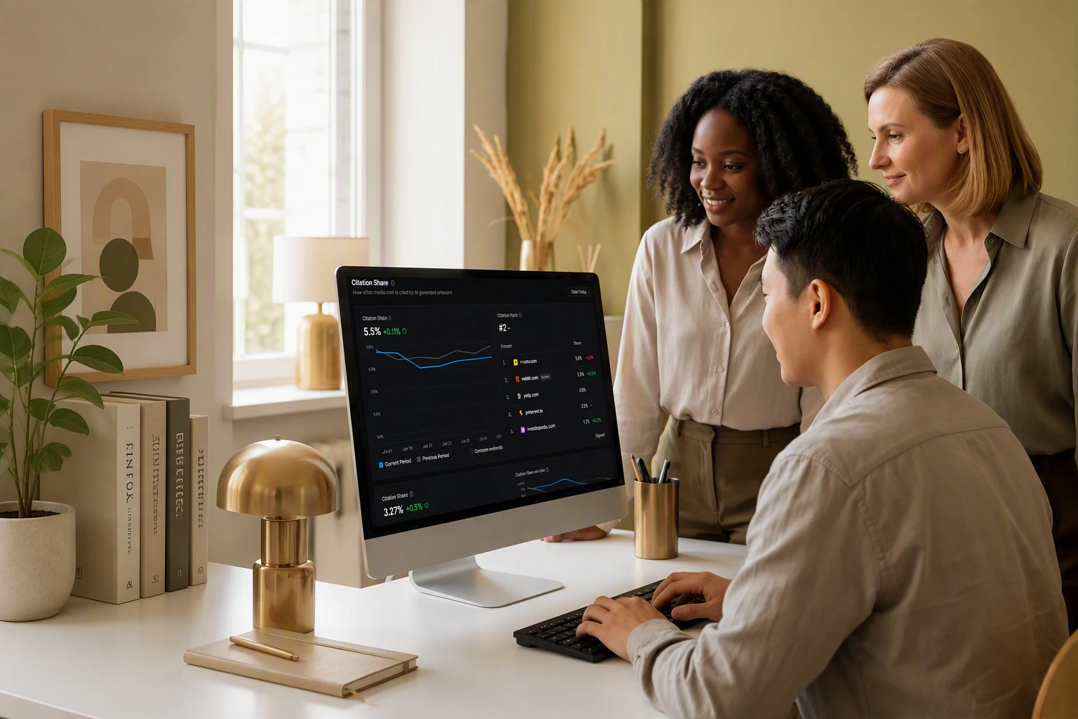 Corporate Gear team reviewing AI citation analytics dashboard showing brand citation rate improvement, warm office light Corporate Gear team reviewing AI citation analytics dashboard showing brand citation rate improvement, warm office light
