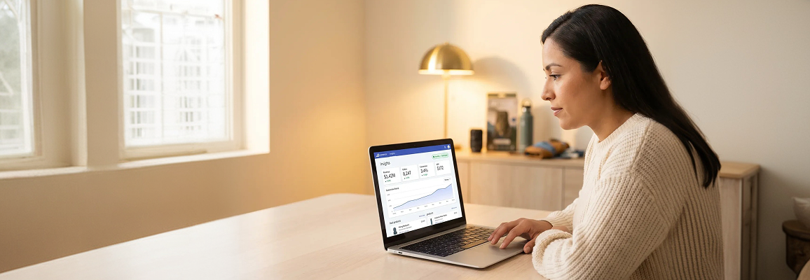 Ecommerce manager reviewing BigCommerce store performance metrics on laptop with rising revenue analytics on screen Ecommerce manager reviewing BigCommerce store performance metrics on laptop with rising revenue analytics on screen