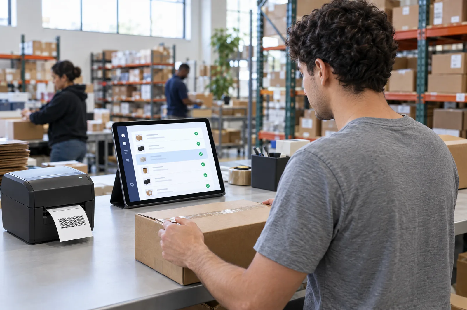 A packer at a warehouse bench as a new order appears on a tablet and a shipping label prints A packer at a warehouse bench as a new order appears on a tablet and a shipping label prints