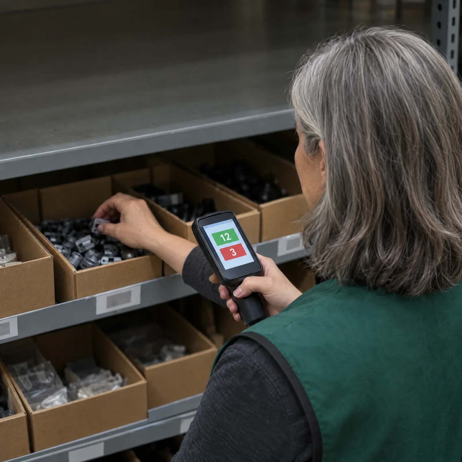 A stock clerk counts a bin while her handheld scanner shows two stock counts that do not match A stock clerk counts a bin while her handheld scanner shows two stock counts that do not match