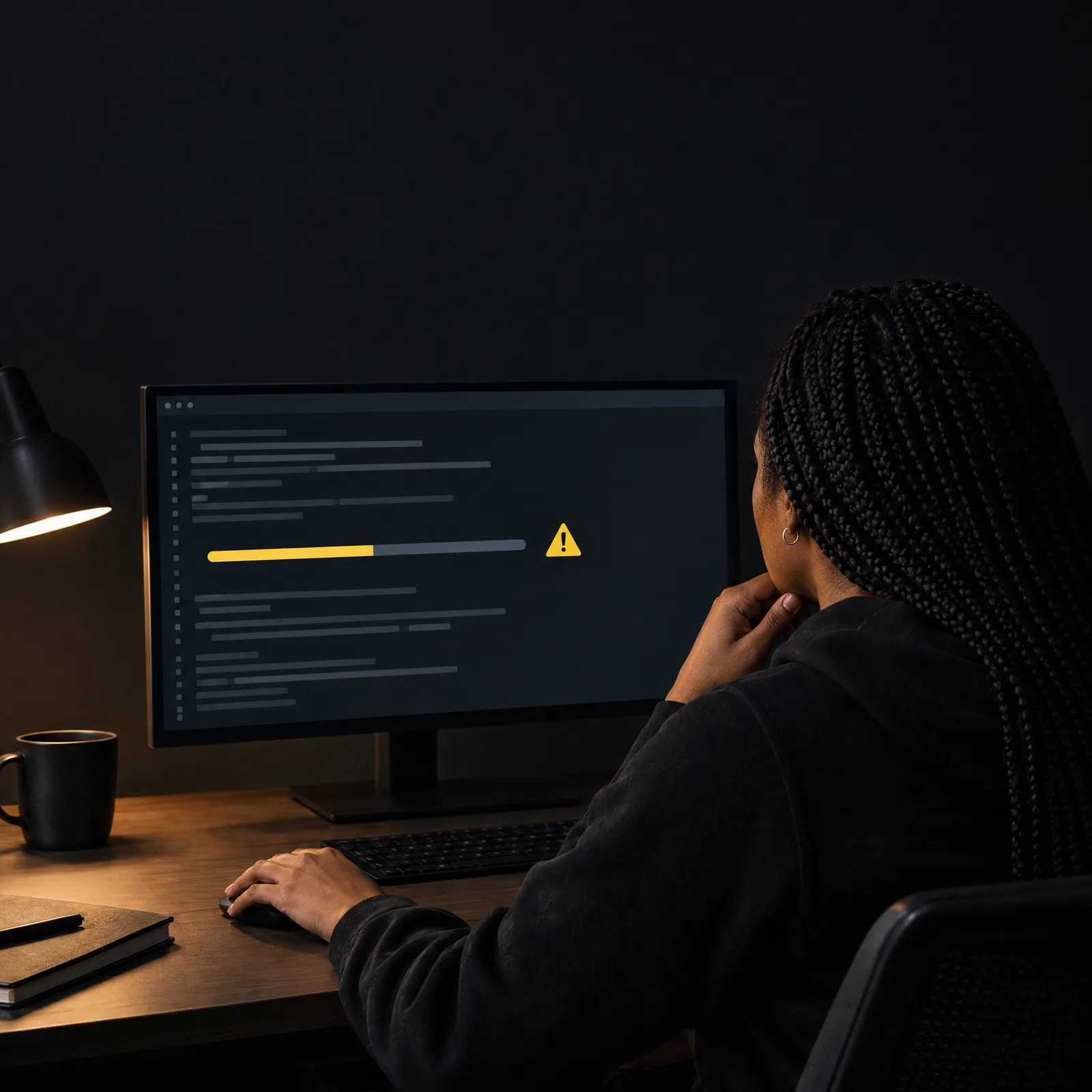 A developer watches a data sync stop halfway with a warning on her monitor A developer watches a data sync stop halfway with a warning on her monitor