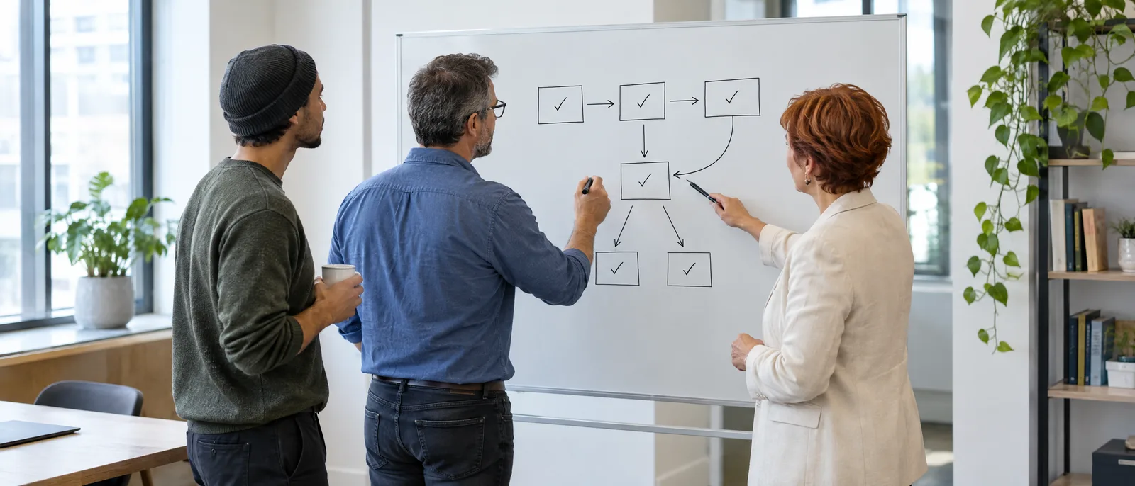 A developer, an ERP engineer and a marketer map a data flow on a whiteboard A developer, an ERP engineer and a marketer map a data flow on a whiteboard