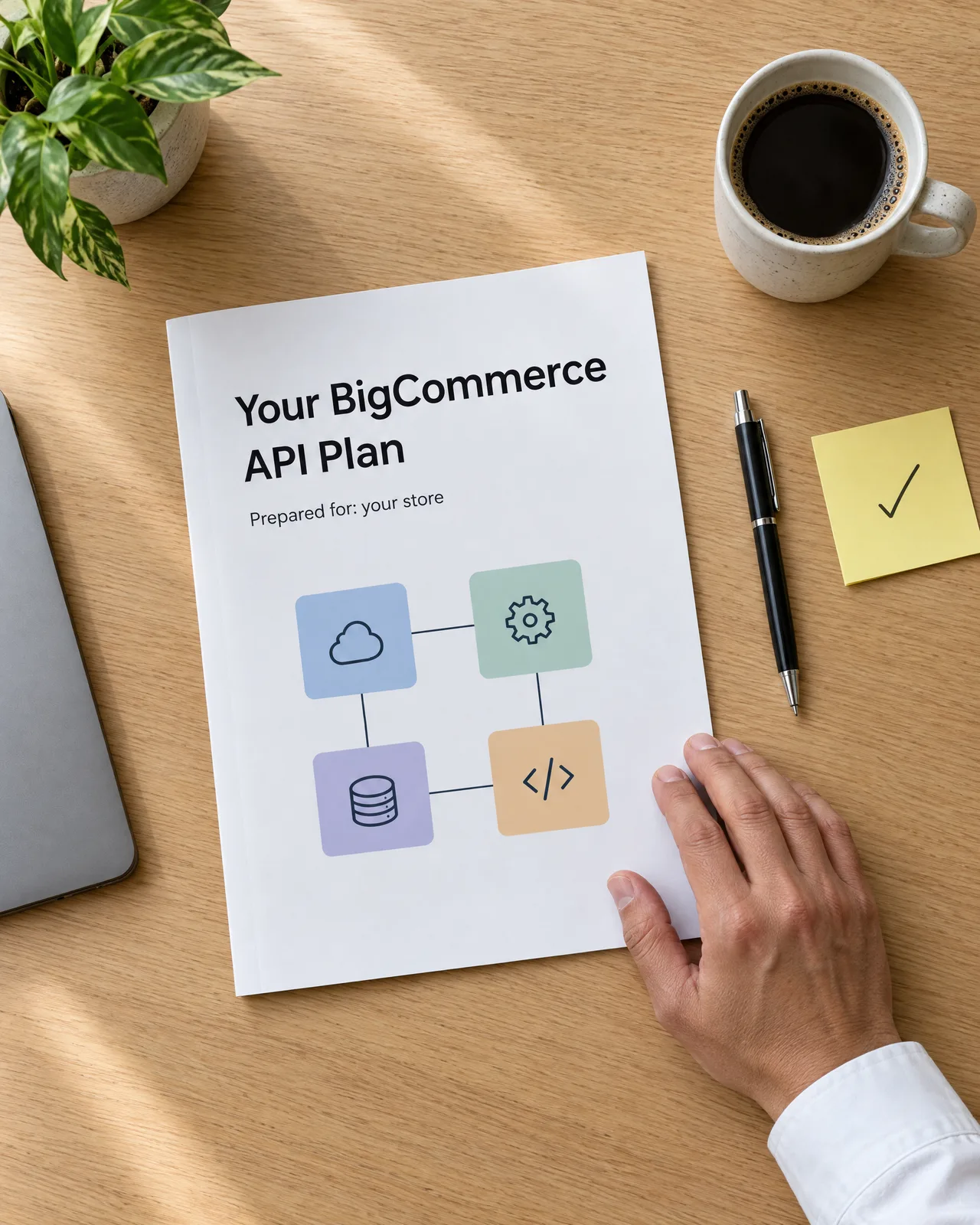 A printed BigCommerce API plan prepared for your store, on a desk with a pen and coffee A printed BigCommerce API plan prepared for your store, on a desk with a pen and coffee