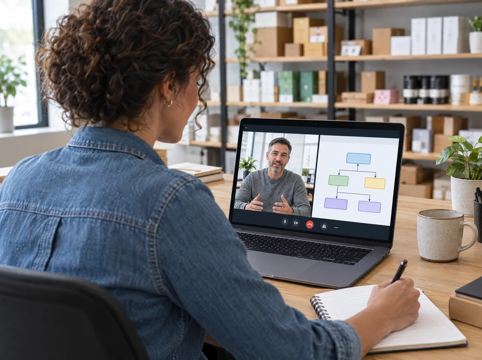 A store owner on a video call with a Redefine engineer, a shared plan beside him on her laptop A store owner on a video call with a Redefine engineer, a shared plan beside him on her laptop
