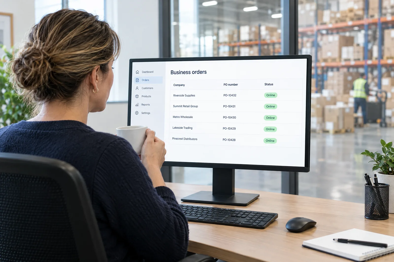 Inside sales lead at a distributor checking business orders that came in online overnight Inside sales lead at a distributor checking business orders that came in online overnight