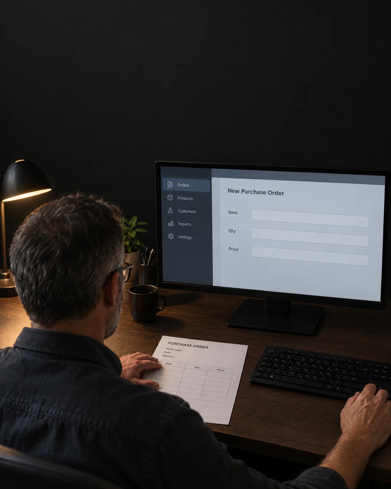 Order clerk retyping an emailed purchase order into the ERP by hand Order clerk retyping an emailed purchase order into the ERP by hand