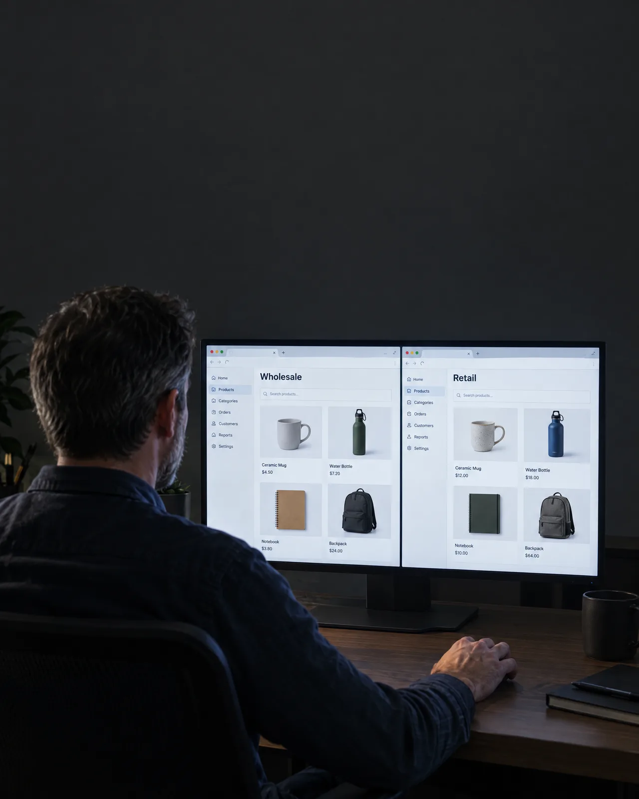 Ecommerce manager comparing a wholesale site and a retail site on two monitors Ecommerce manager comparing a wholesale site and a retail site on two monitors