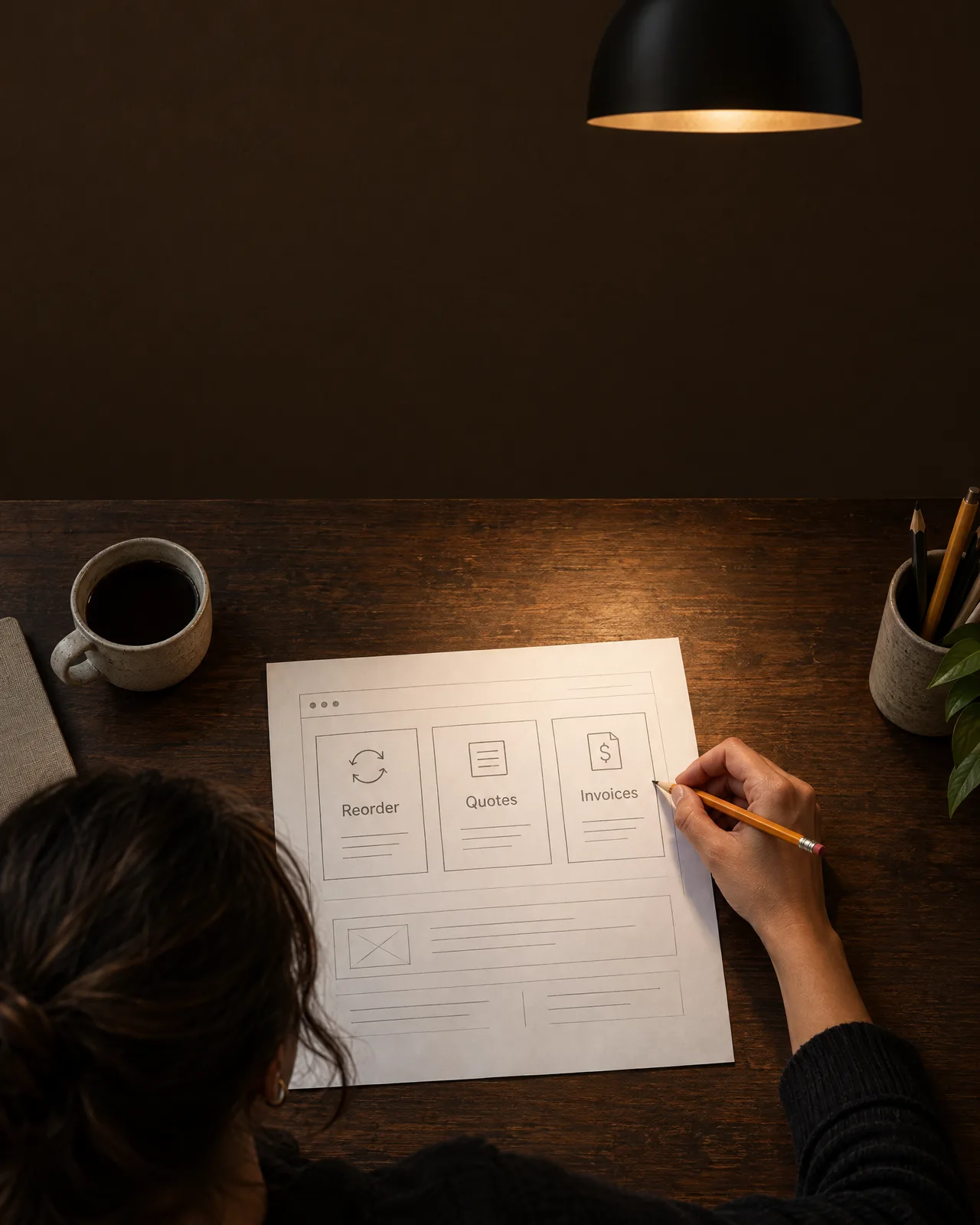 Designer sketching a custom buyer portal layout on a printed wireframe Designer sketching a custom buyer portal layout on a printed wireframe