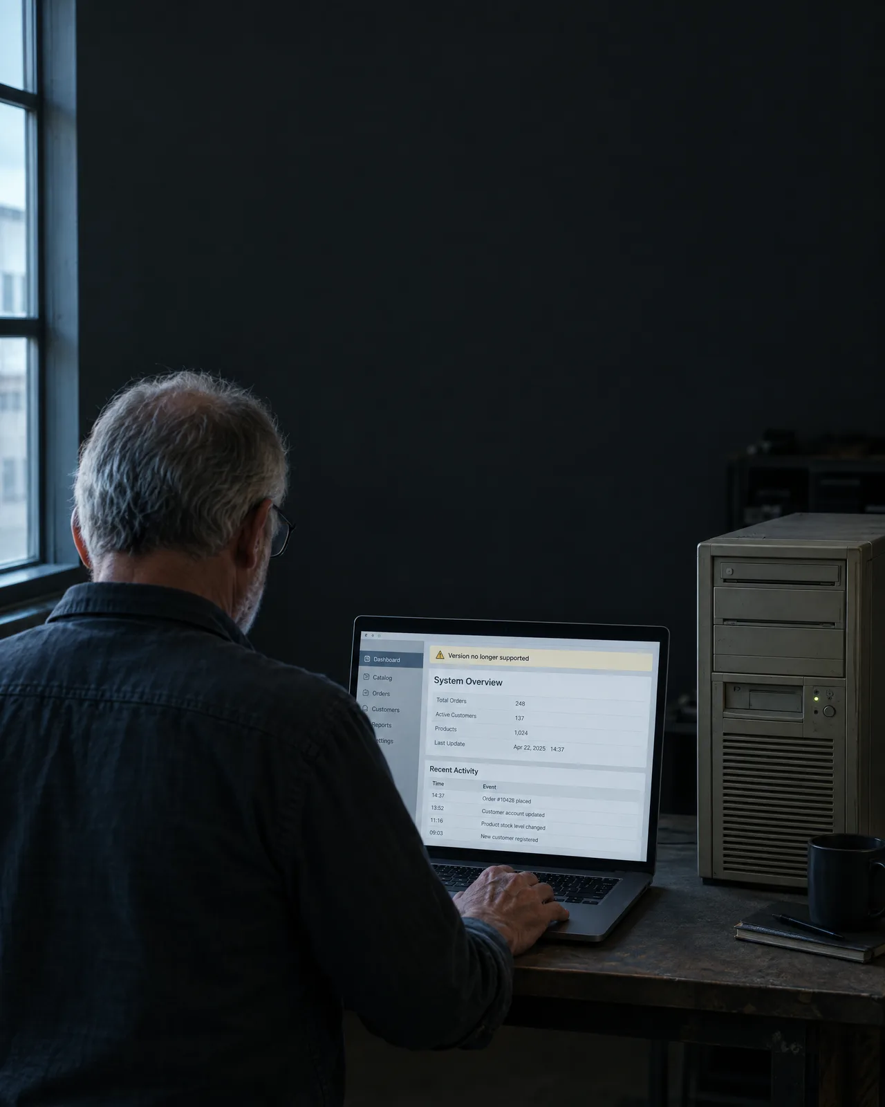 Operations lead in a server closet looking at an old store admin on a laptop Operations lead in a server closet looking at an old store admin on a laptop