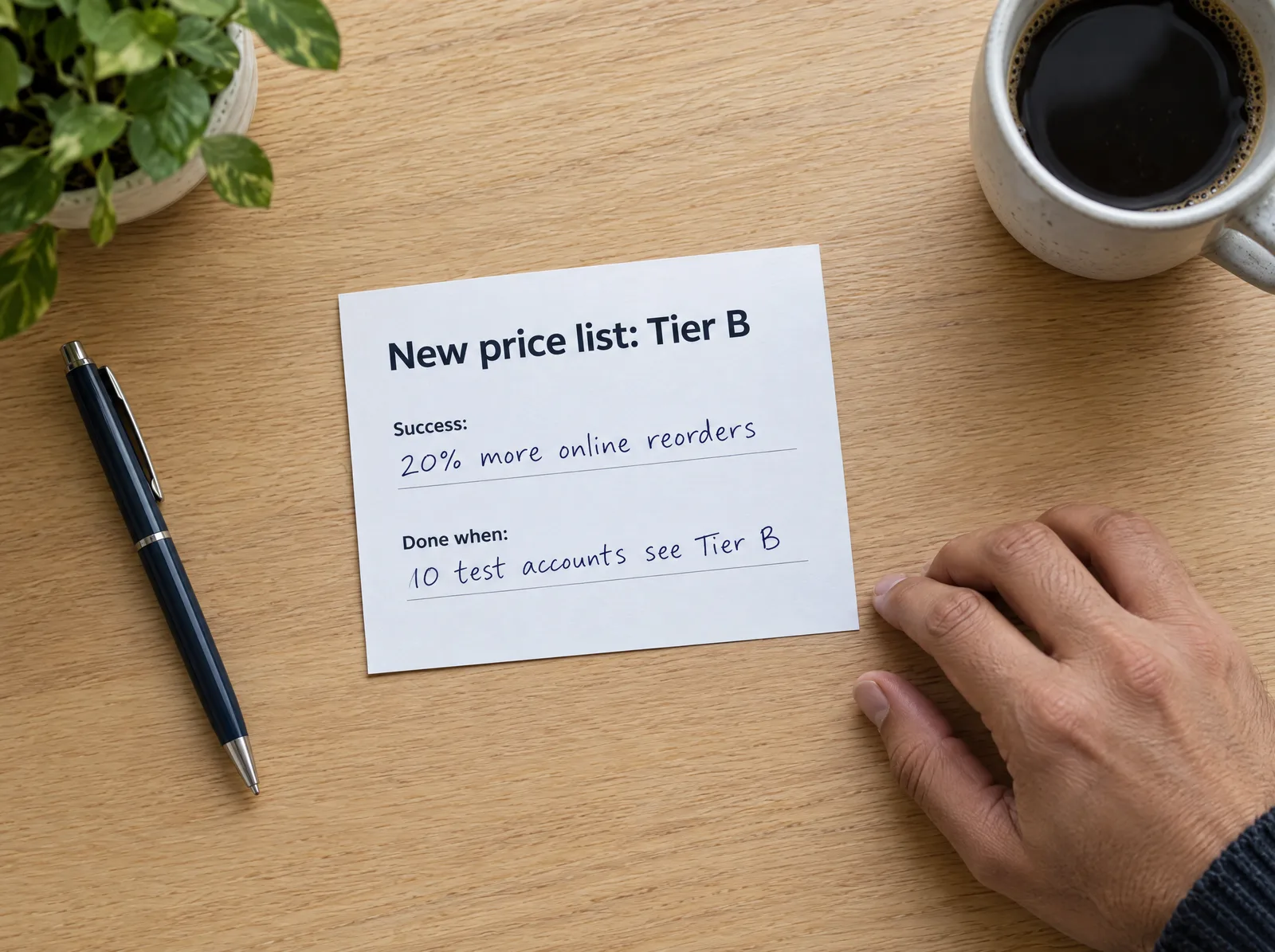 Price list change card on a desk with a success number and a done when line Price list change card on a desk with a success number and a done when line