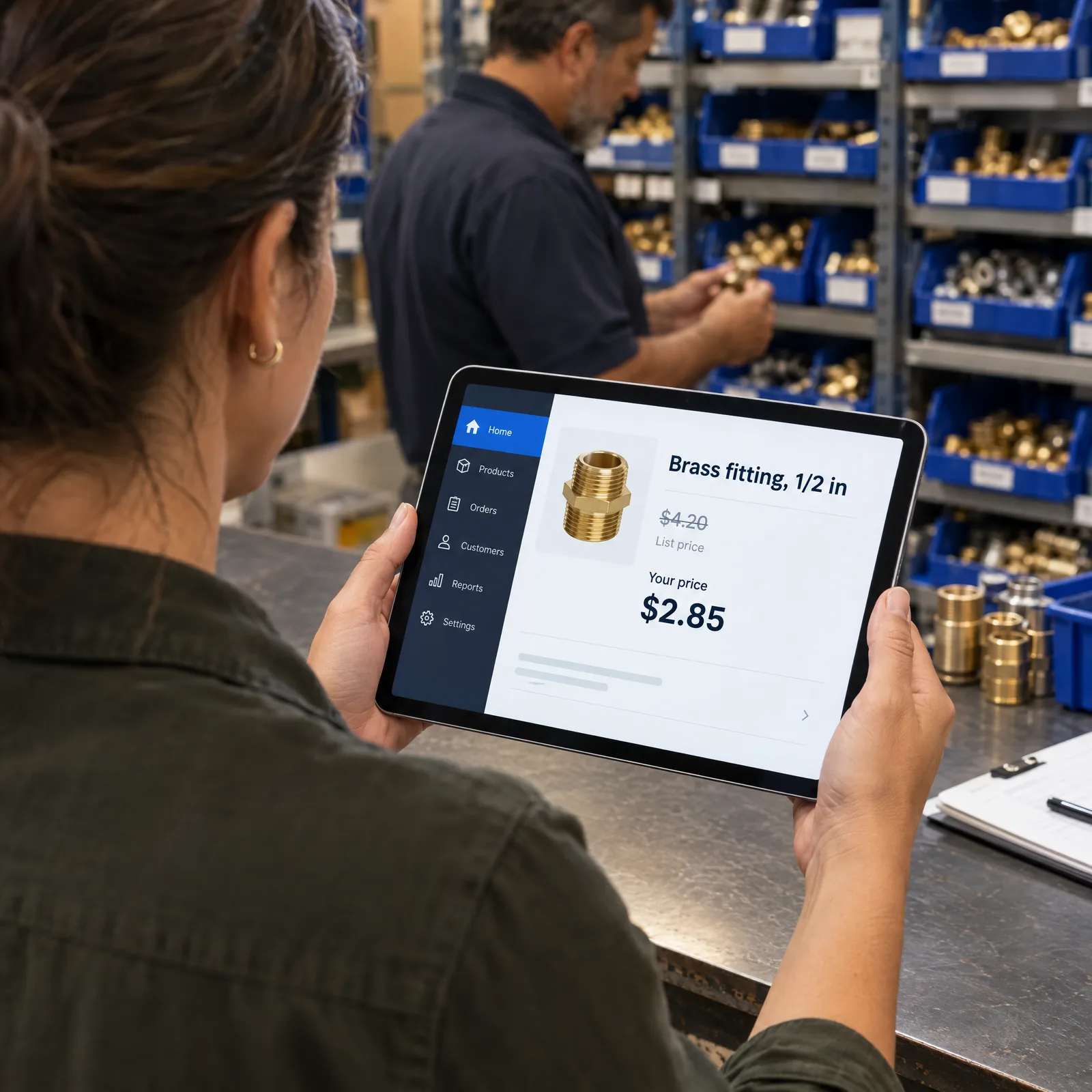 Buyer at a parts counter seeing her own account price on a tablet Buyer at a parts counter seeing her own account price on a tablet