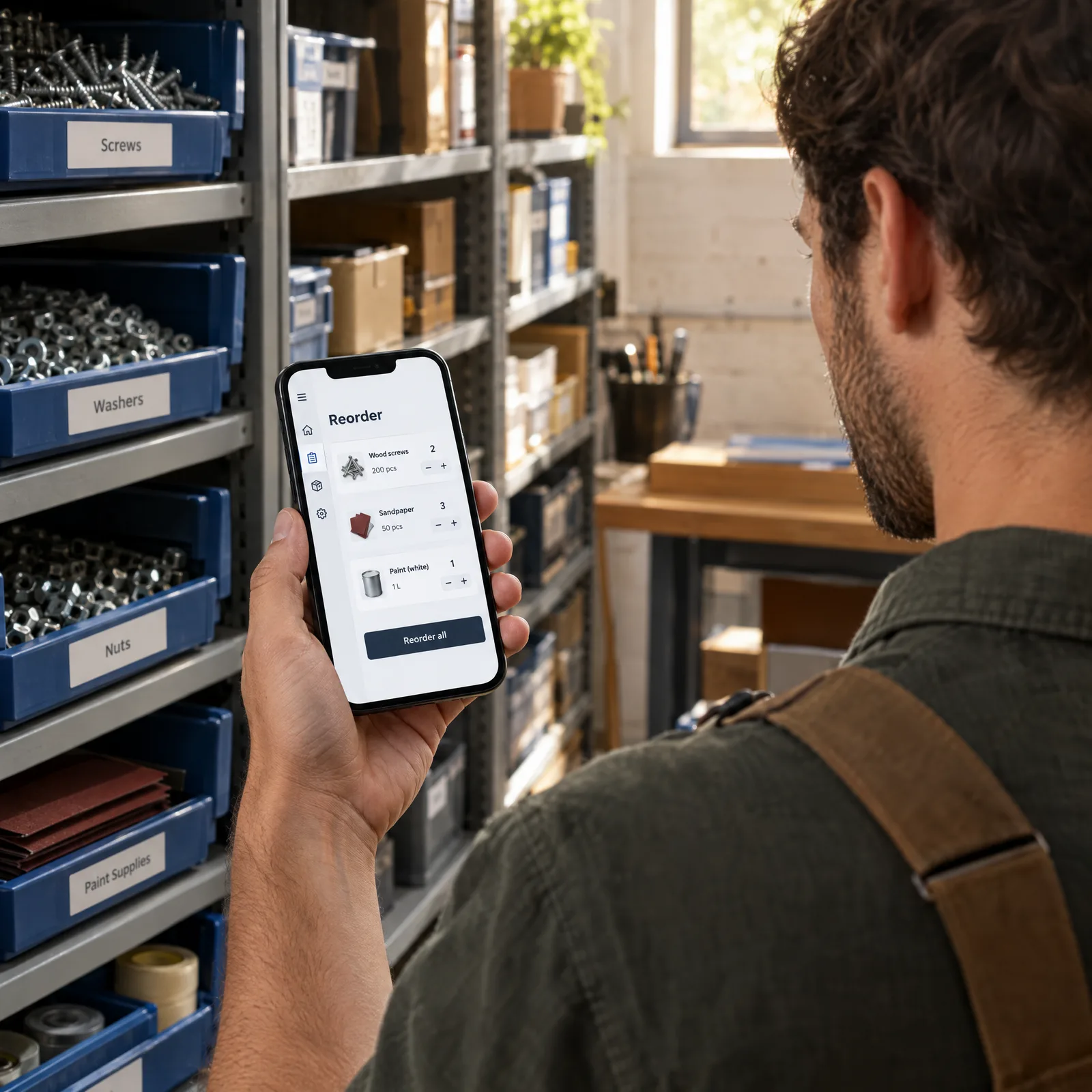 Shop owner reordering last month supplies from a phone in the stockroom Shop owner reordering last month supplies from a phone in the stockroom