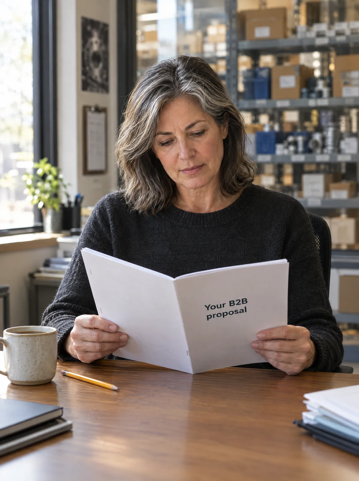 Distributor owner reading the cover of your scoped BigCommerce B2B proposal Distributor owner reading the cover of your scoped BigCommerce B2B proposal