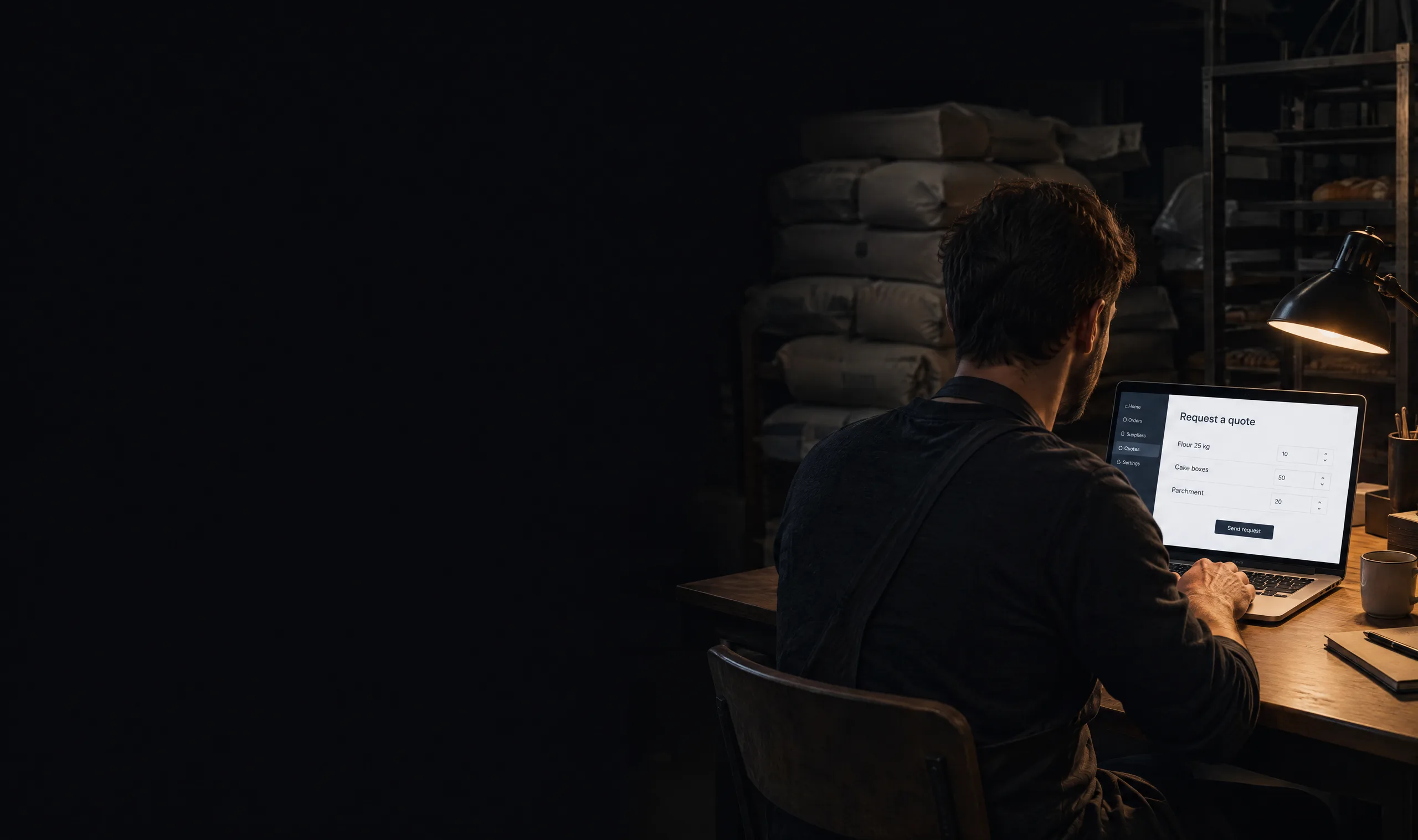 Wholesale buyer at a bakery sends a quote request for flour and boxes from a laptop after closing Wholesale buyer at a bakery sends a quote request for flour and boxes from a laptop after closing
