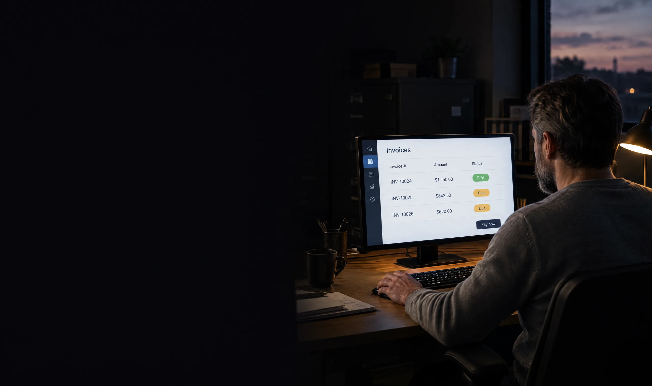 Accounts lead pays an open invoice from the company account on a desktop monitor Accounts lead pays an open invoice from the company account on a desktop monitor
