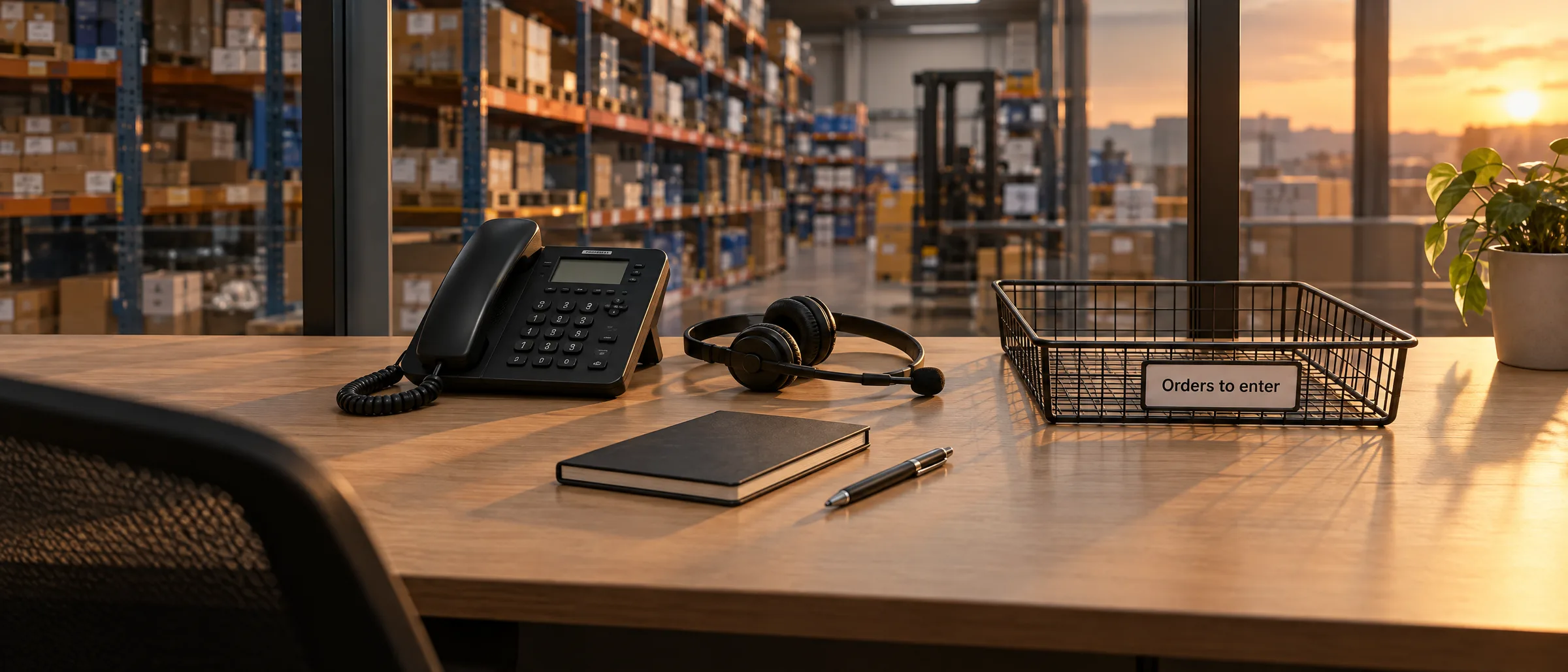 Quiet inside sales desk at dusk with the phone on its cradle and an empty tray for orders to enter Quiet inside sales desk at dusk with the phone on its cradle and an empty tray for orders to enter