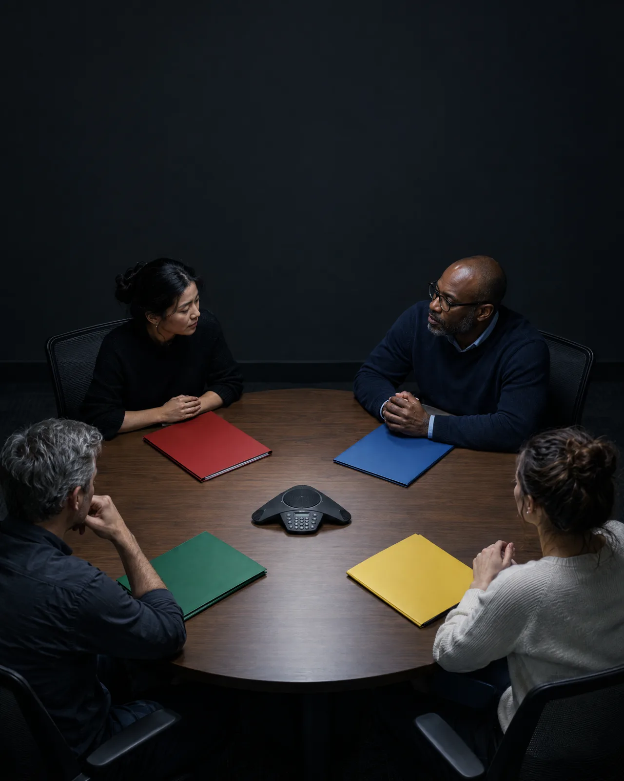 Four people from four vendors at one table, each with a different colored folder Four people from four vendors at one table, each with a different colored folder