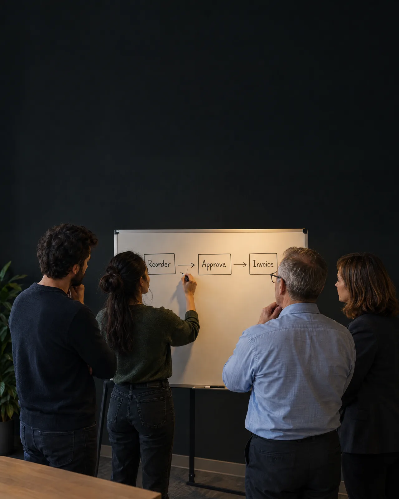 Developer, ERP engineer and marketers plan a Reorder, Approve, Invoice flow on one whiteboard Developer, ERP engineer and marketers plan a Reorder, Approve, Invoice flow on one whiteboard