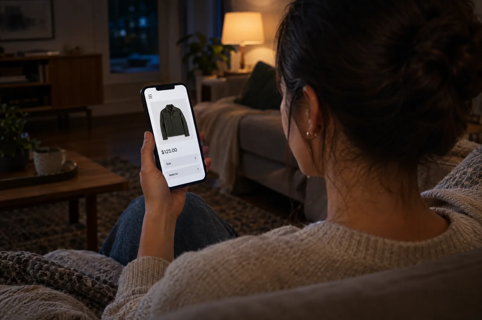 Shopper on a sofa scrolling a product page that is missing size and material details Shopper on a sofa scrolling a product page that is missing size and material details