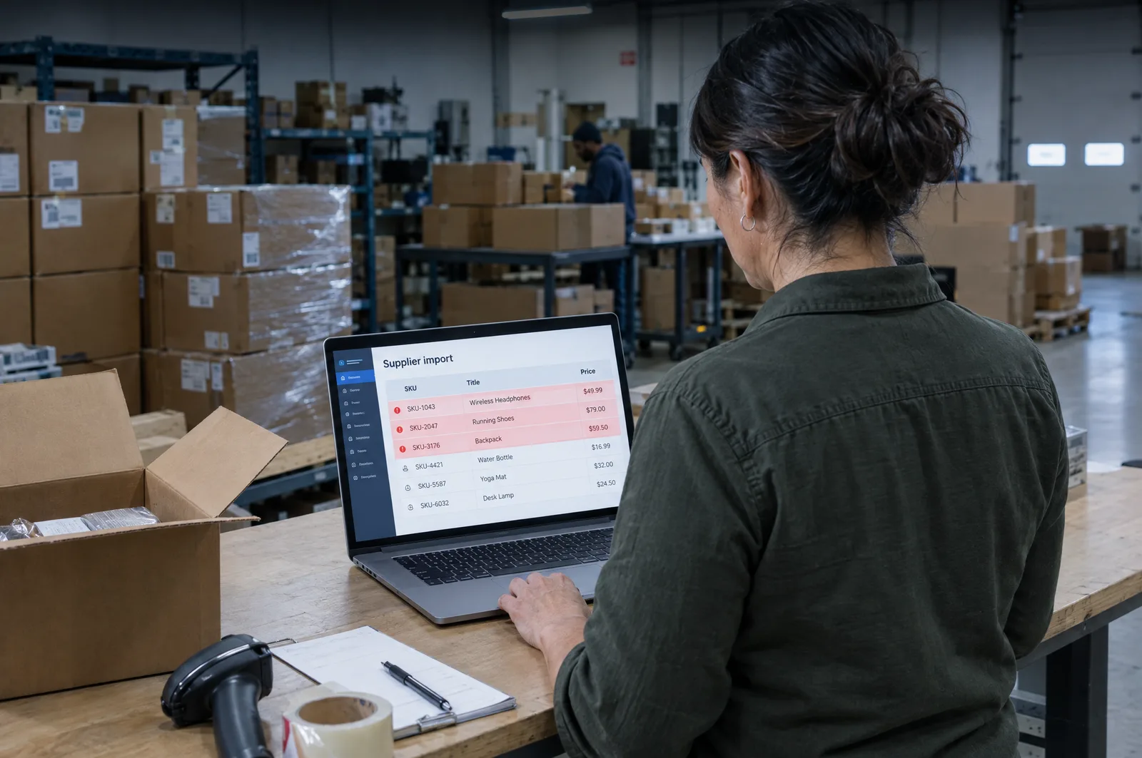 Catalog coordinator opening supplier boxes next to a laptop import file full of red rows Catalog coordinator opening supplier boxes next to a laptop import file full of red rows