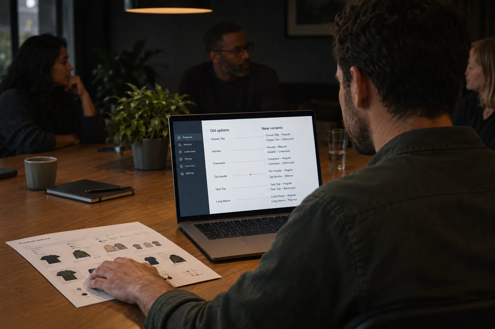 Developer mapping old product options to new BigCommerce variants on a laptop Developer mapping old product options to new BigCommerce variants on a laptop