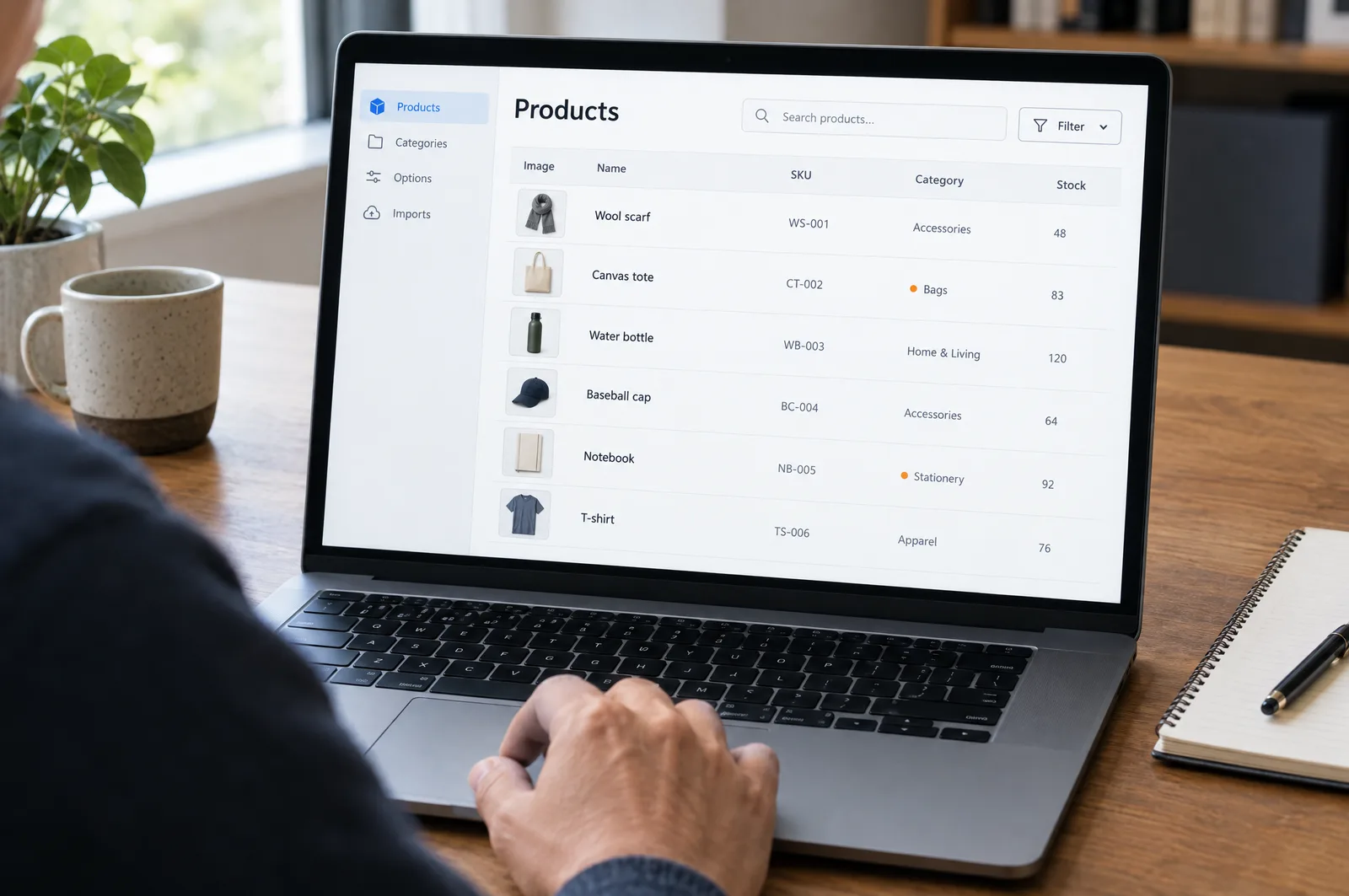 Your BigCommerce product list on a laptop, open for a catalog audit Your BigCommerce product list on a laptop, open for a catalog audit