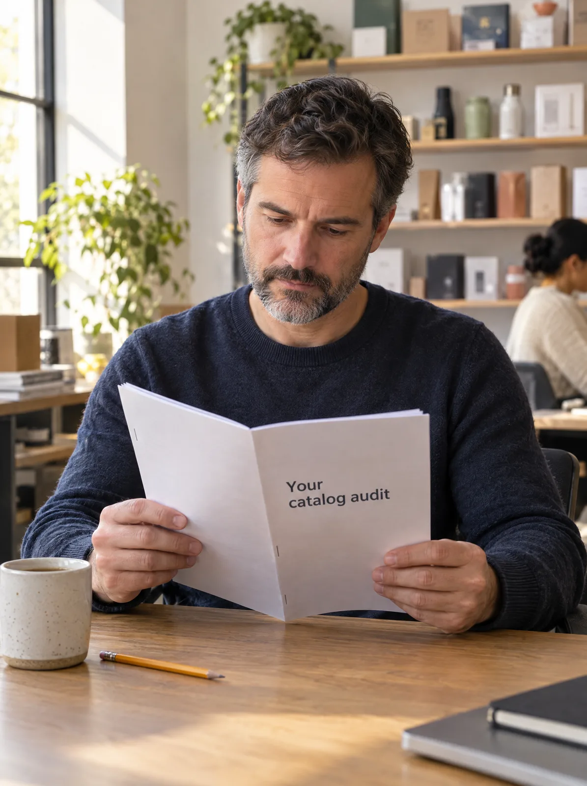 Ecommerce manager reading the cover of your BigCommerce catalog audit Ecommerce manager reading the cover of your BigCommerce catalog audit
