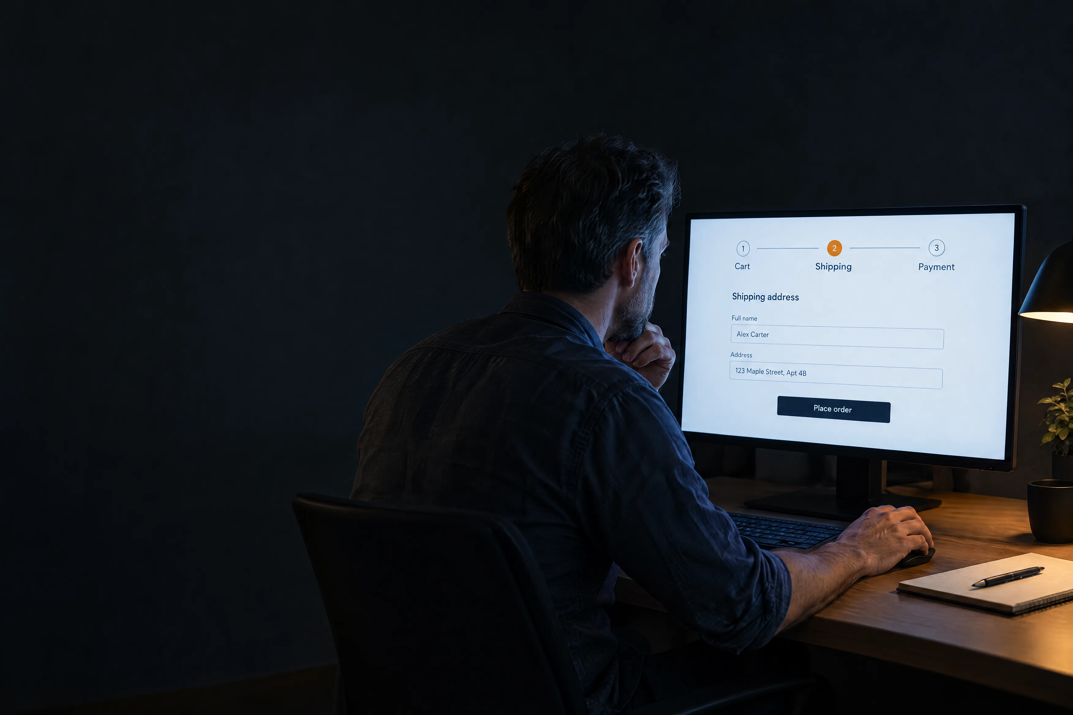 An ecommerce lead studies the shipping step of his BigCommerce checkout on a monitor An ecommerce lead studies the shipping step of his BigCommerce checkout on a monitor
