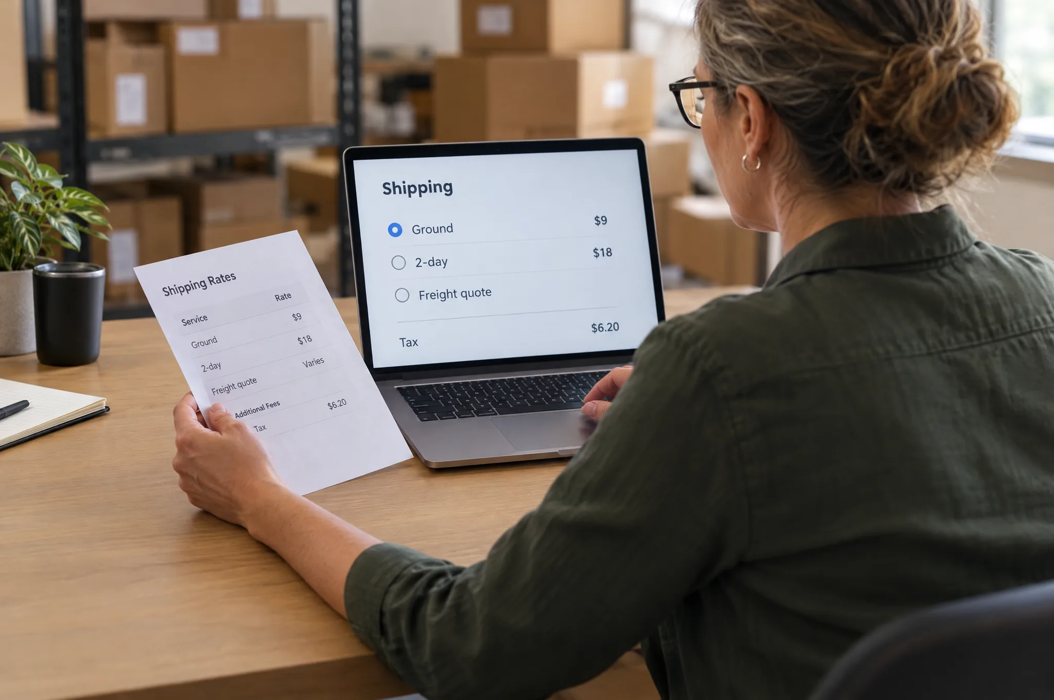 An operations manager checks the shipping options and tax shown at checkout An operations manager checks the shipping options and tax shown at checkout
