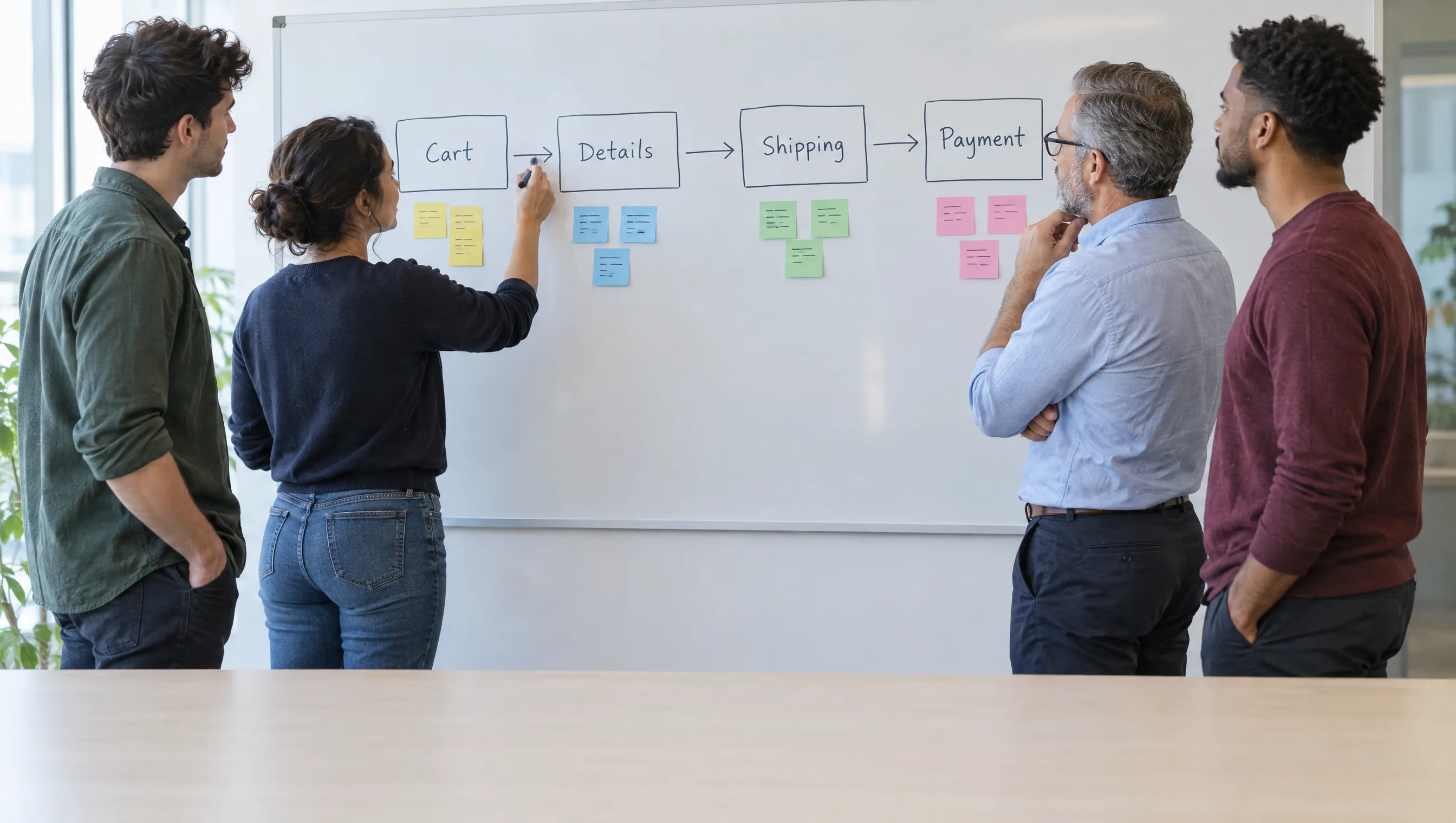 A developer, an ERP engineer and a marketer map the checkout steps on one whiteboard A developer, an ERP engineer and a marketer map the checkout steps on one whiteboard