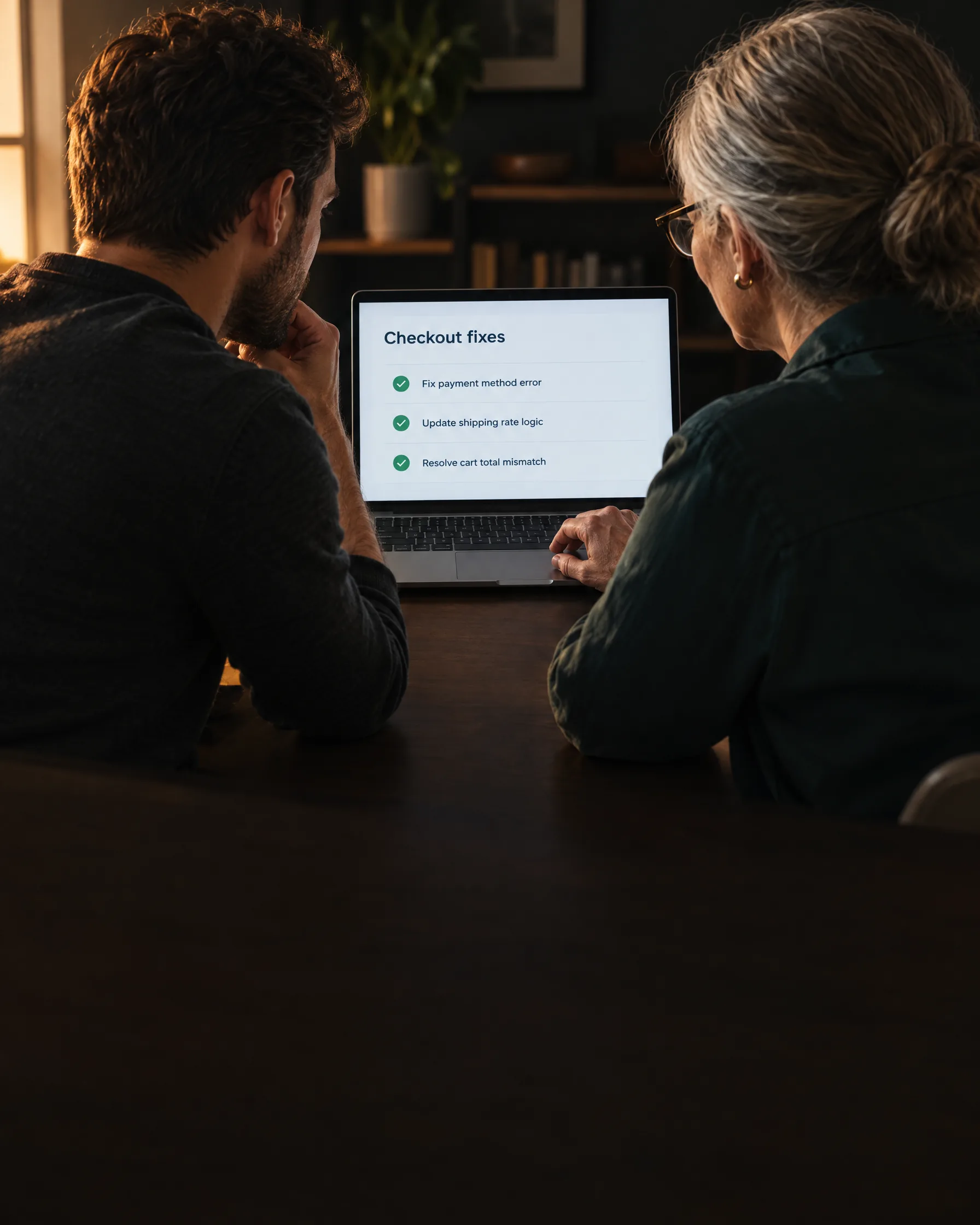 A developer and a marketer plan checkout fixes together on one laptop A developer and a marketer plan checkout fixes together on one laptop