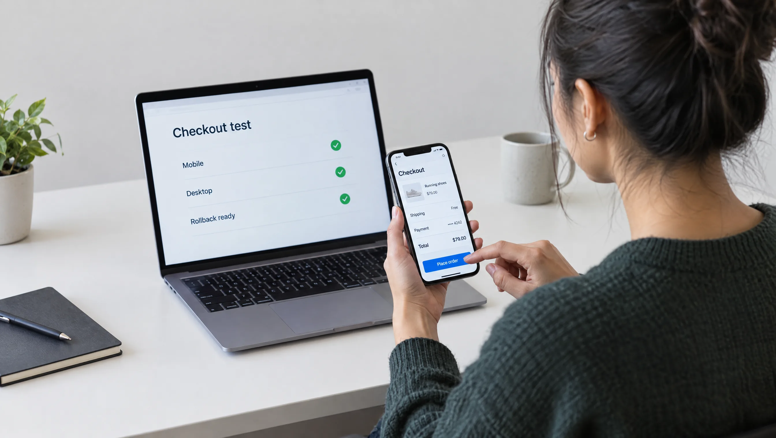 A developer tests a checkout change on a phone and a laptop before it goes live A developer tests a checkout change on a phone and a laptop before it goes live