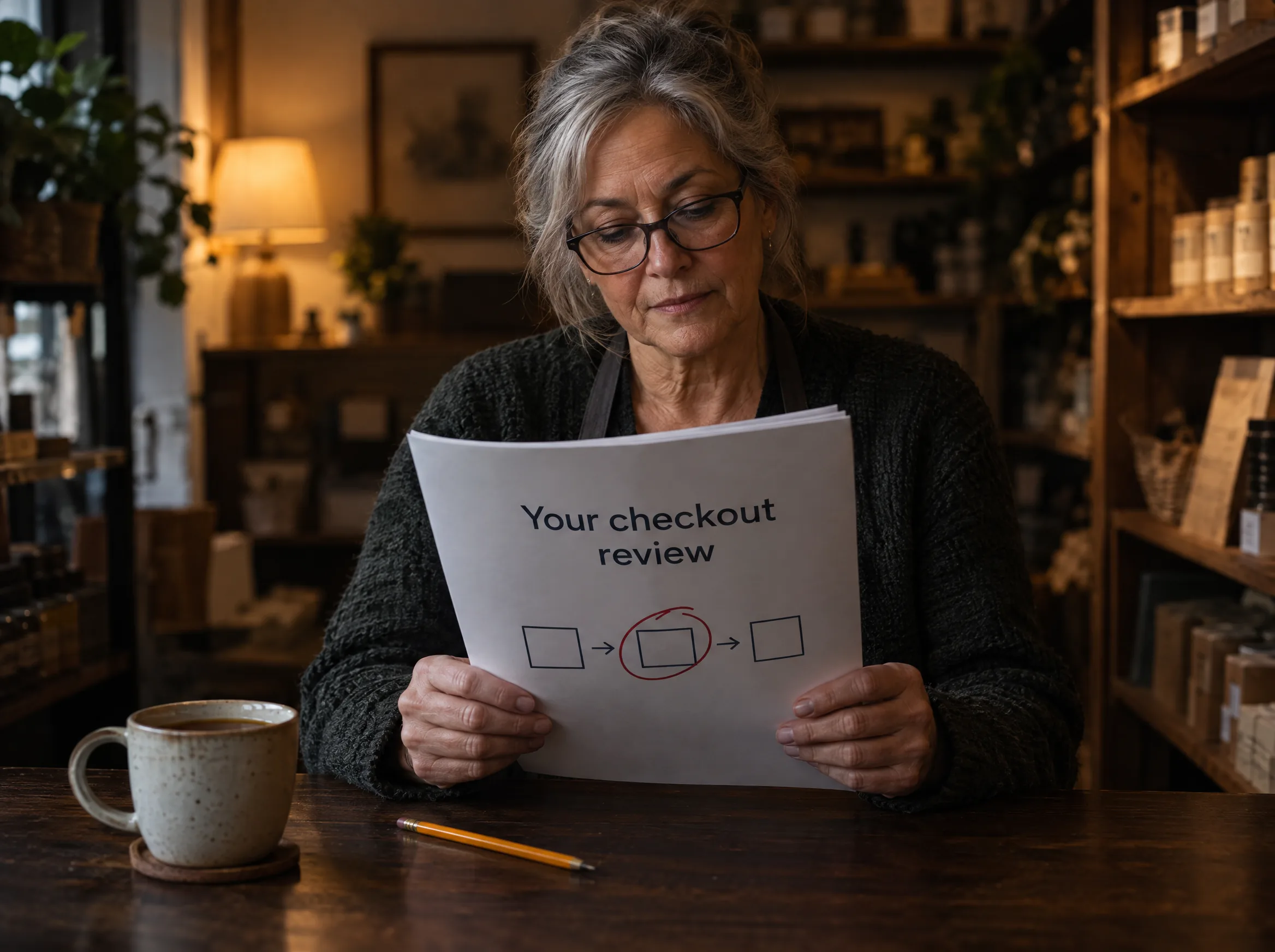 A store owner reads the written checkout review made for her store A store owner reads the written checkout review made for her store