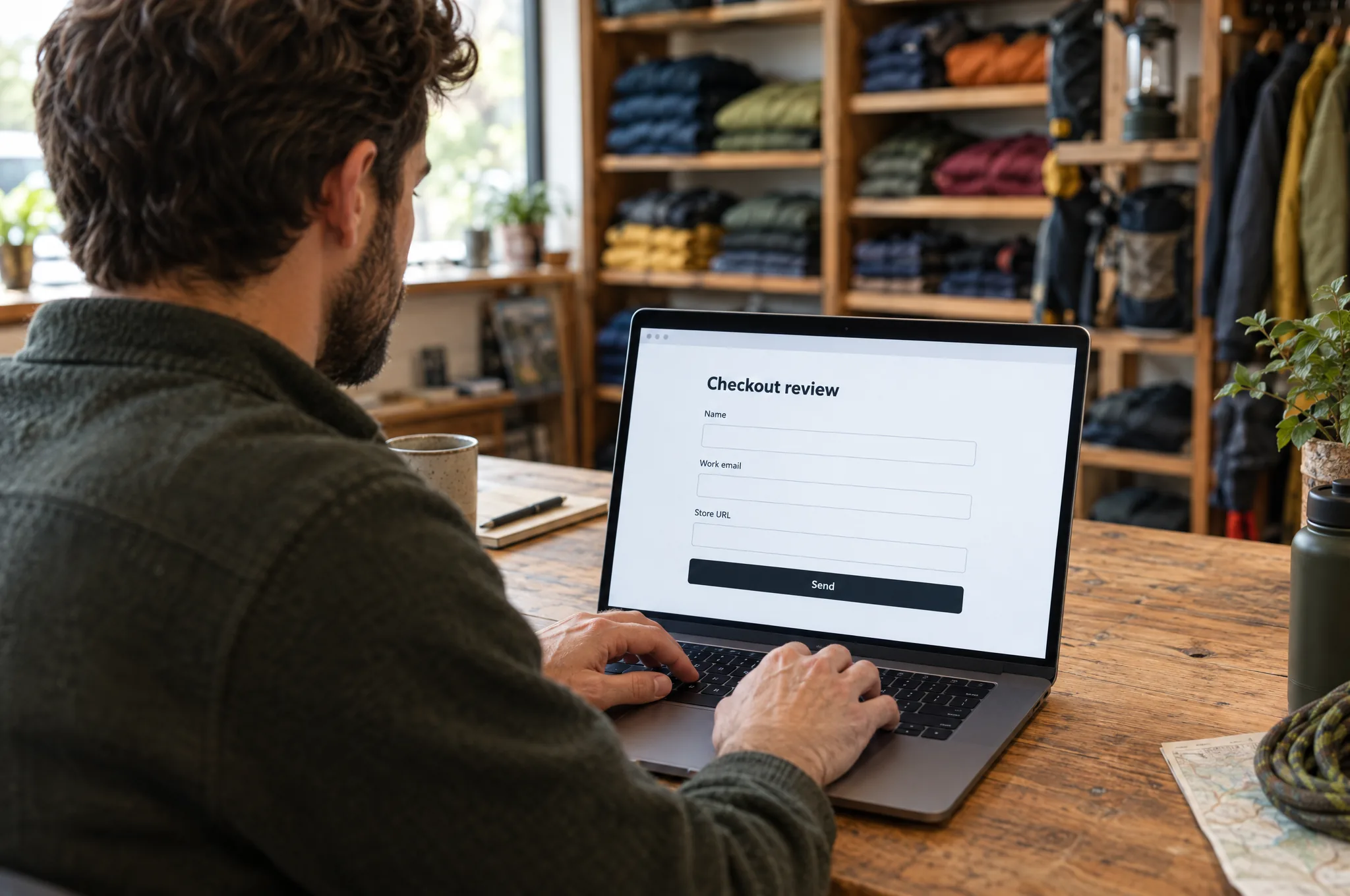 A store owner asks for a BigCommerce checkout review on his laptop A store owner asks for a BigCommerce checkout review on his laptop