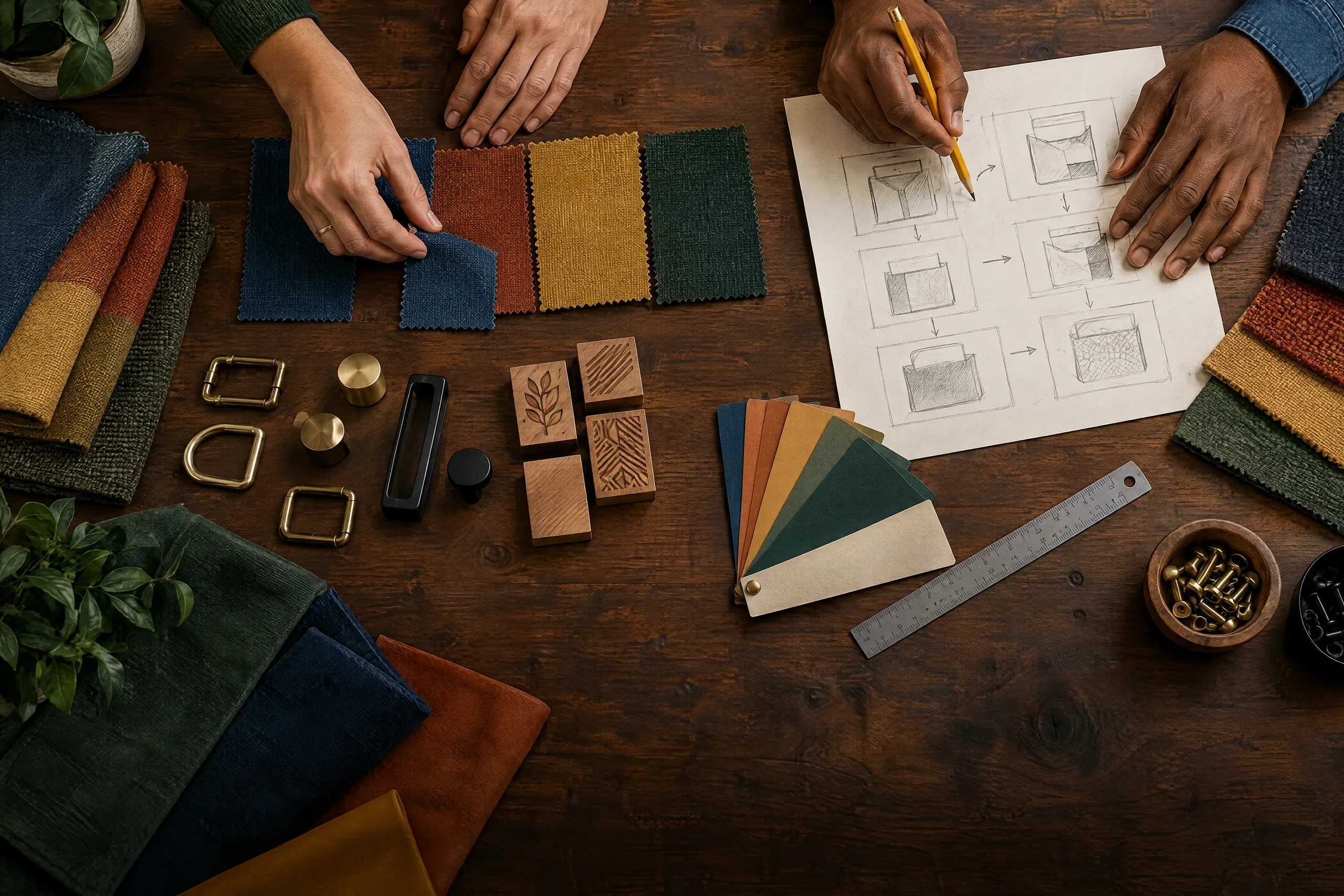 A product team lays out swatches, hardware and option cards to plan a custom product feature A product team lays out swatches, hardware and option cards to plan a custom product feature