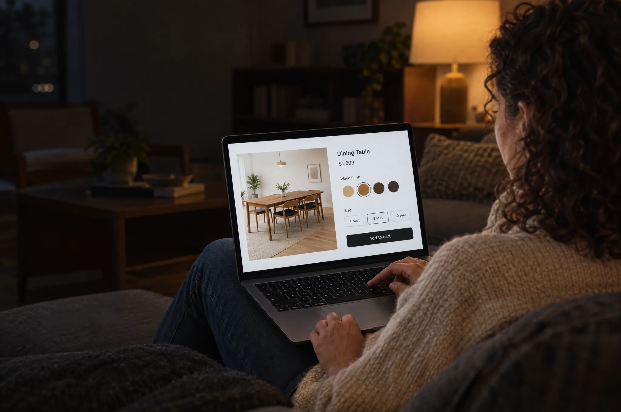 A shopper builds her own dining table on a store page, picking the wood color and size A shopper builds her own dining table on a store page, picking the wood color and size
