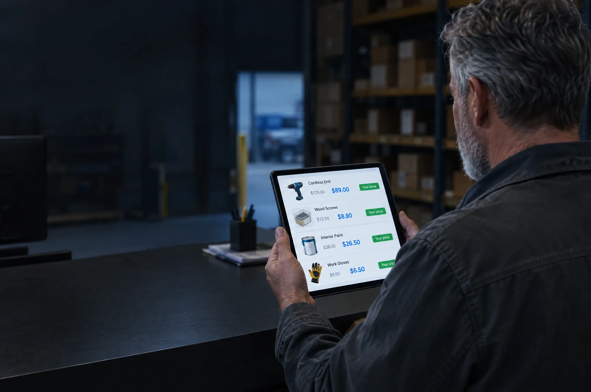 A wholesale buyer sees his own account prices on a tablet A wholesale buyer sees his own account prices on a tablet