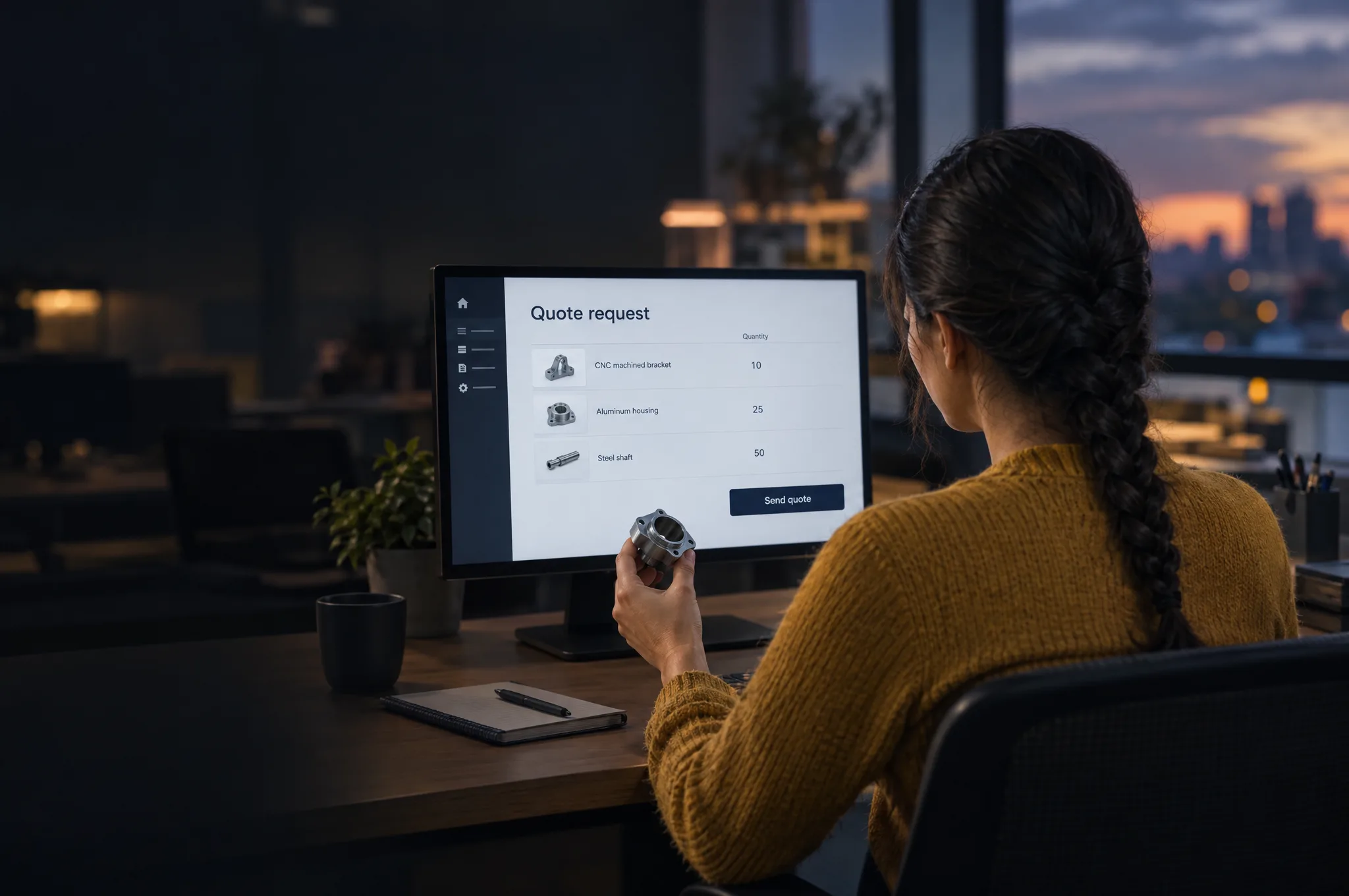 A sales rep checks a quote request on her monitor while holding the part the buyer asked about A sales rep checks a quote request on her monitor while holding the part the buyer asked about