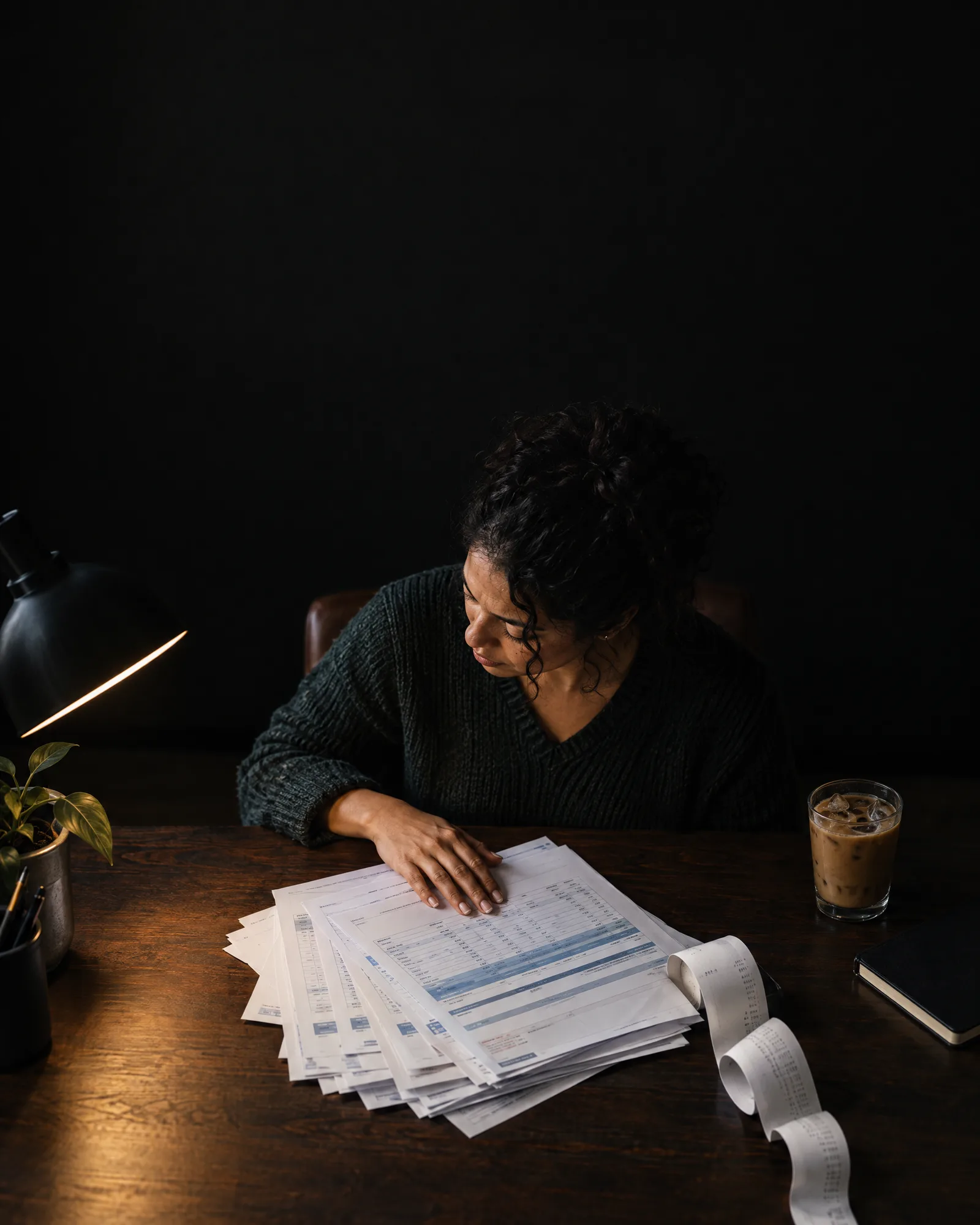 A hand rests on a stack of monthly app invoices under a desk lamp A hand rests on a stack of monthly app invoices under a desk lamp