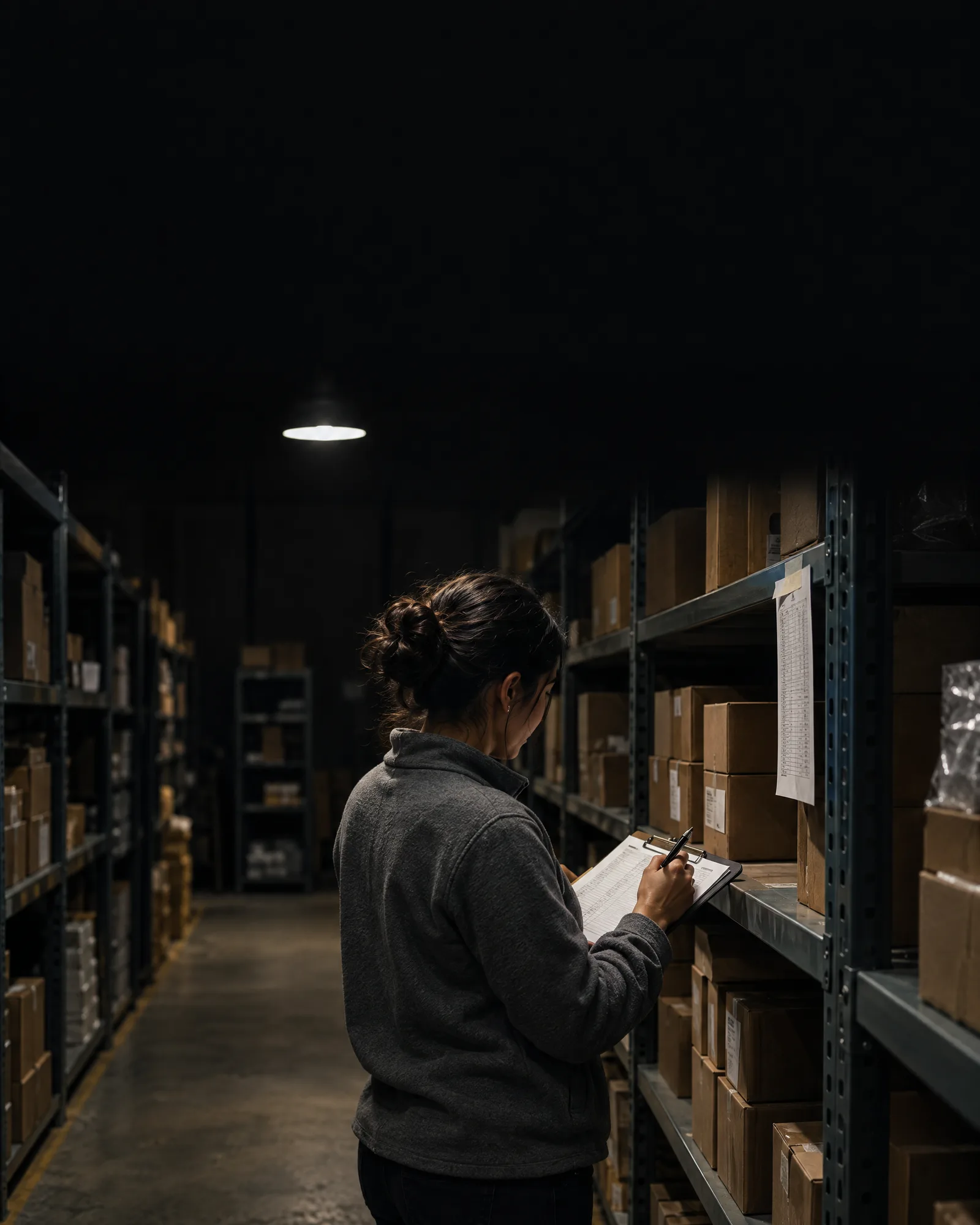 A stock worker counts boxes by hand against a paper list A stock worker counts boxes by hand against a paper list