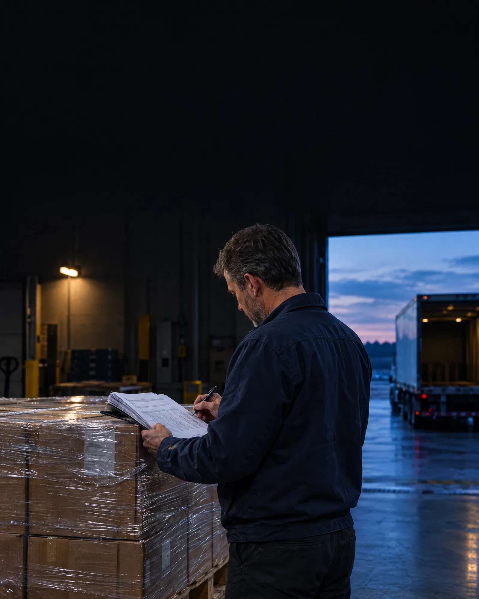 A buyer checks a long purchase order against a pallet at the loading dock A buyer checks a long purchase order against a pallet at the loading dock