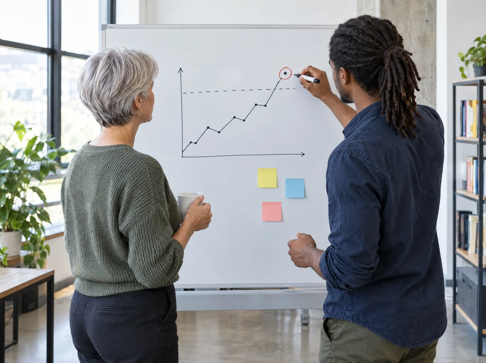 A product lead and a developer mark a success target on a whiteboard chart A product lead and a developer mark a success target on a whiteboard chart