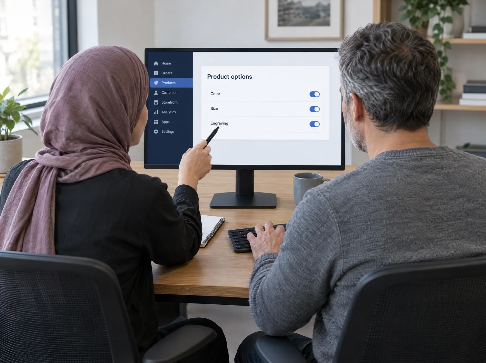 Two developers set up custom product options in the BigCommerce control panel Two developers set up custom product options in the BigCommerce control panel