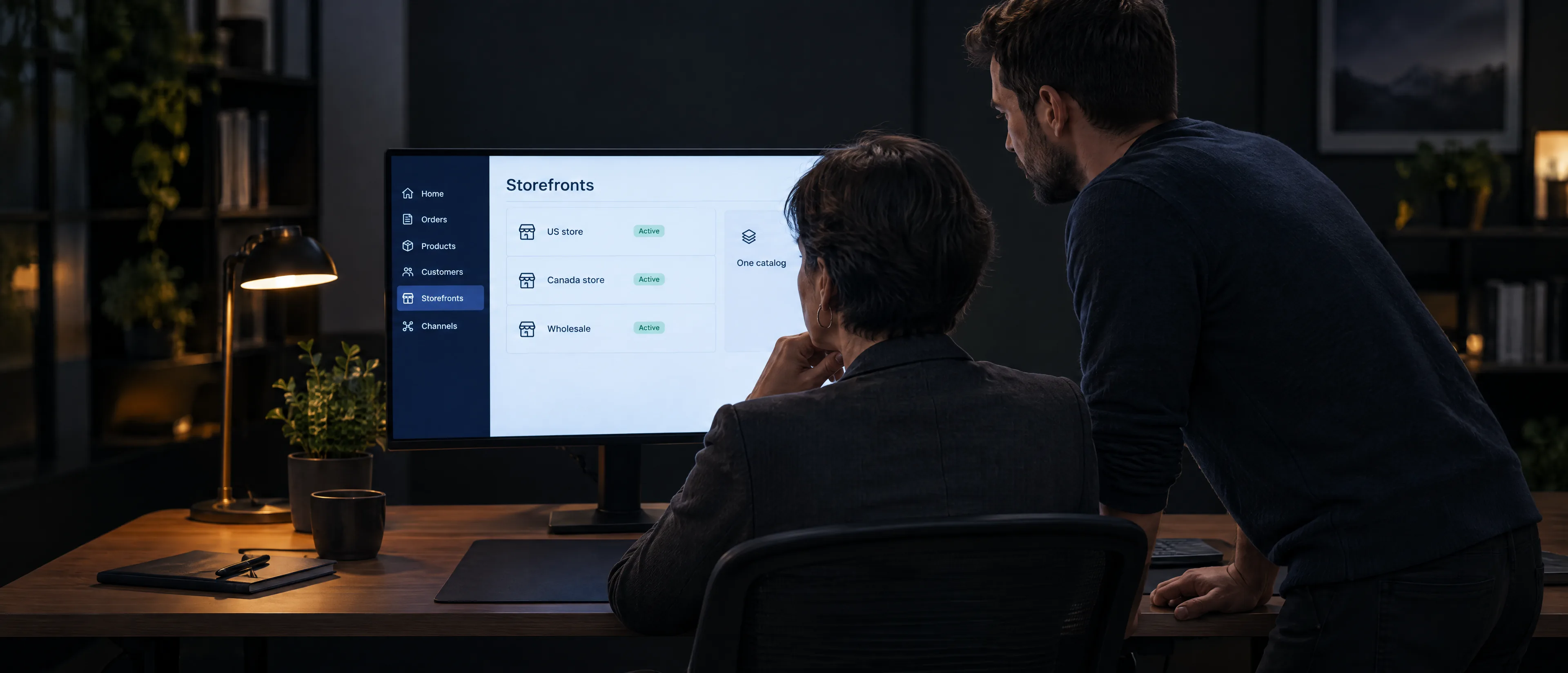 Ecommerce director and solutions architect review three storefronts run from one catalog in a store control panel Ecommerce director and solutions architect review three storefronts run from one catalog in a store control panel