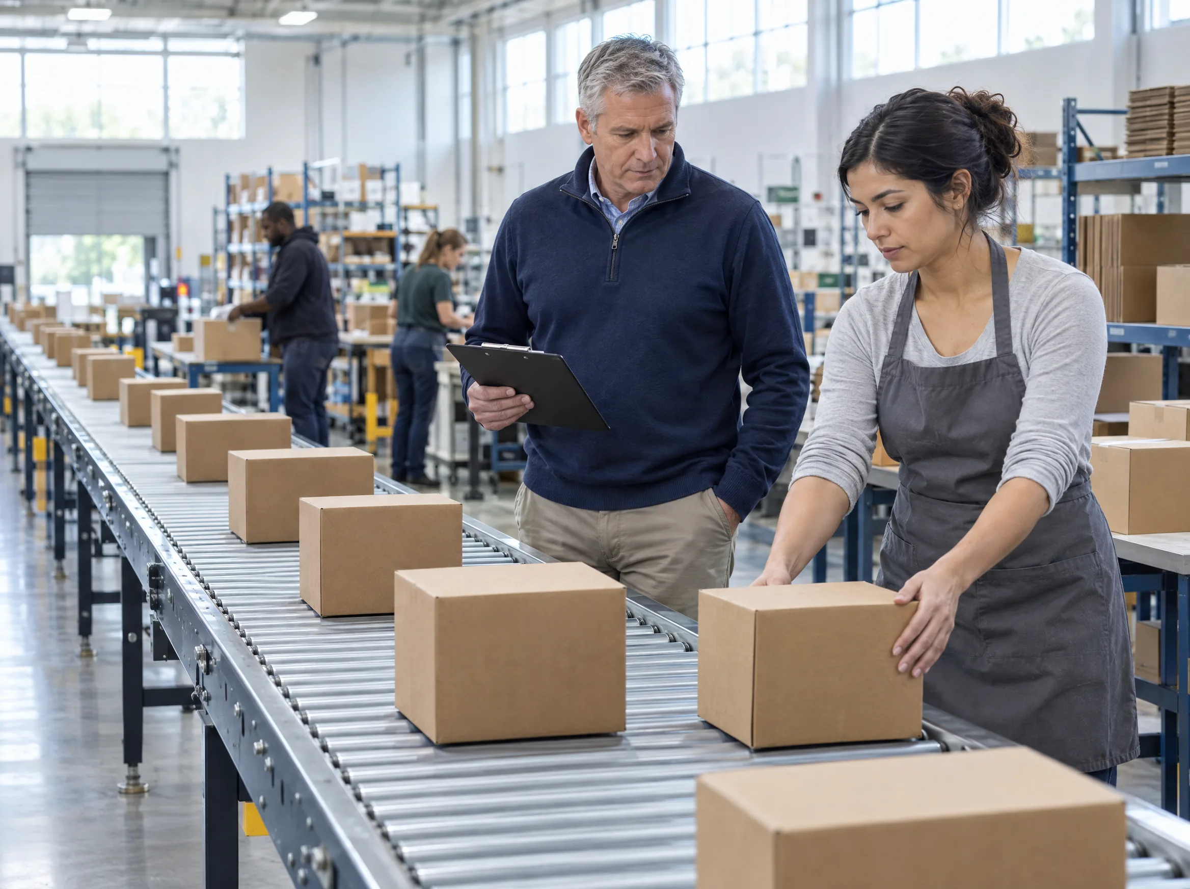 Operations manager walking beside a conveyor of packed orders on a busy fulfillment floor Operations manager walking beside a conveyor of packed orders on a busy fulfillment floor