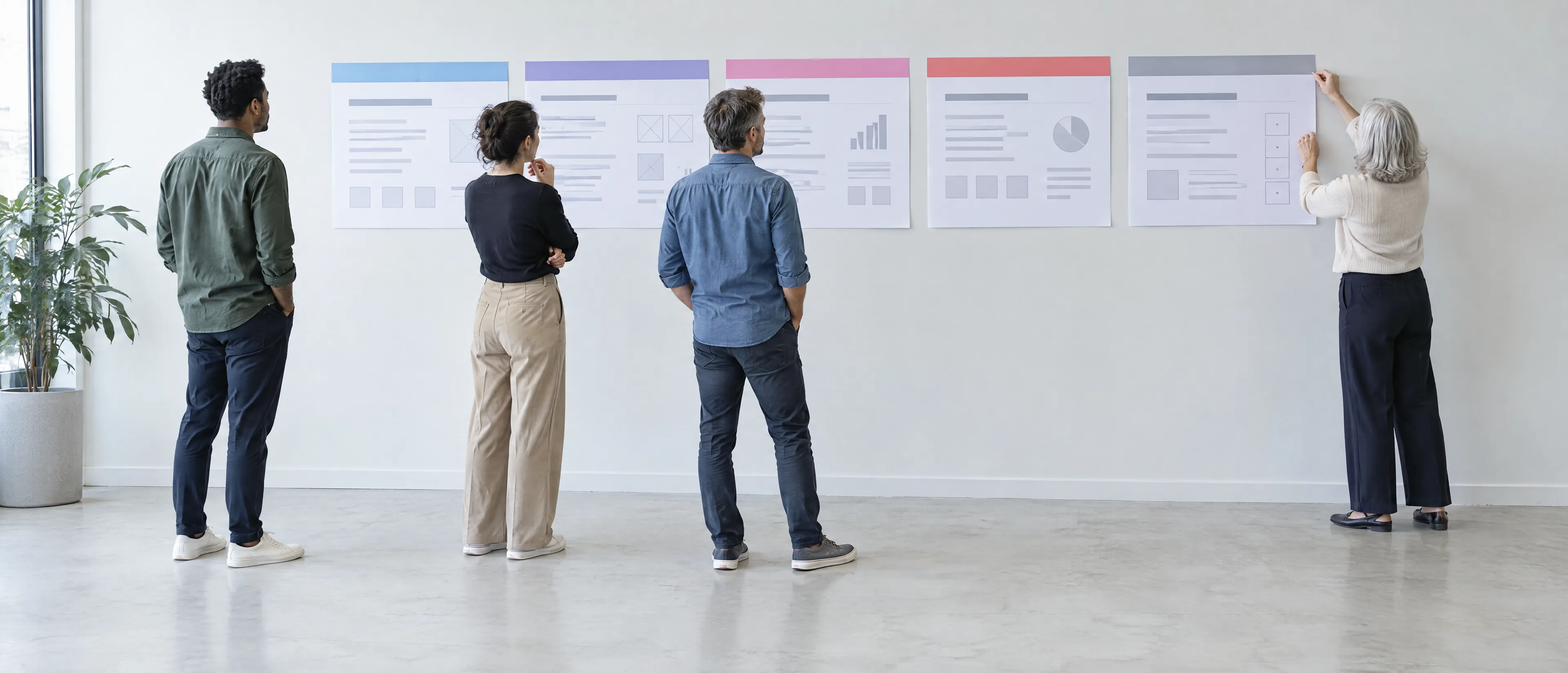 Team pinning a printed five-phase rollout plan on a long meeting room wall Team pinning a printed five-phase rollout plan on a long meeting room wall