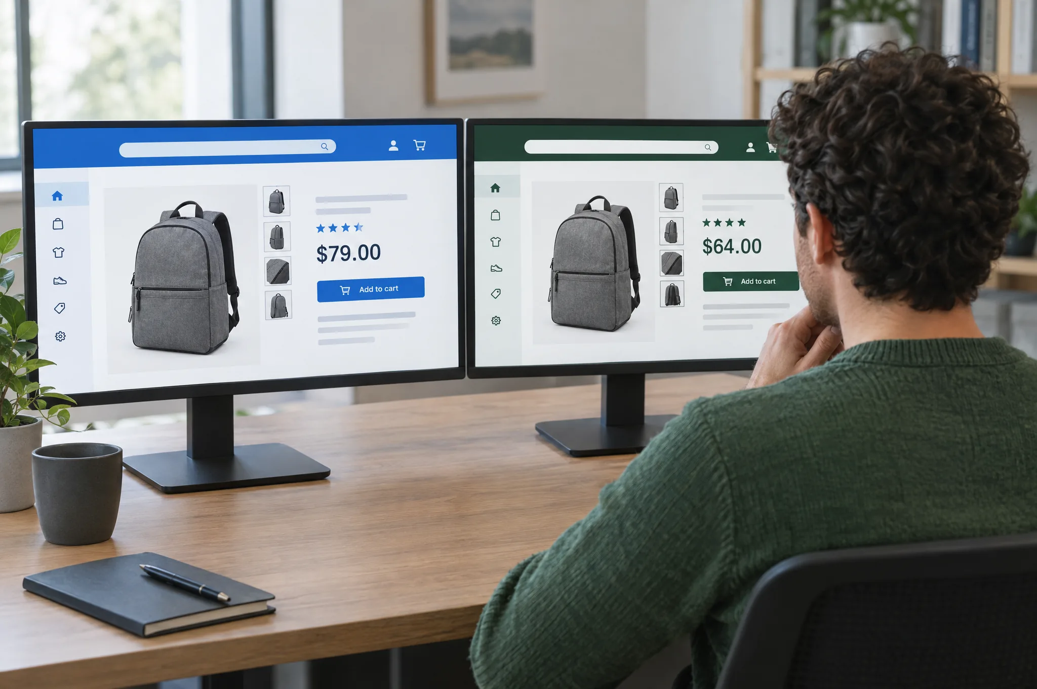 Merchandiser comparing one product on two storefronts with different prices on two monitors Merchandiser comparing one product on two storefronts with different prices on two monitors