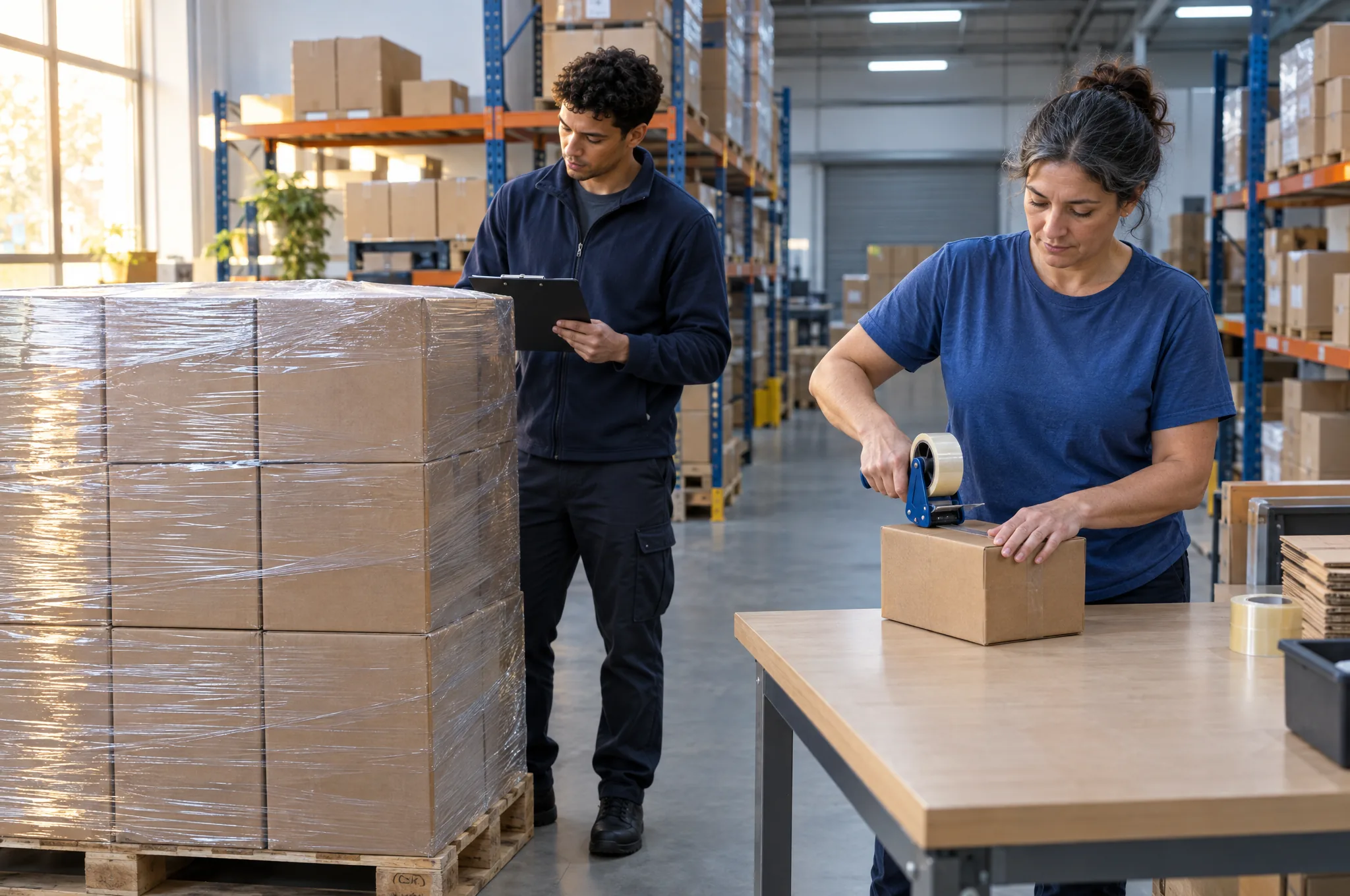 Warehouse team packing one wholesale pallet and one home shopper parcel side by side Warehouse team packing one wholesale pallet and one home shopper parcel side by side