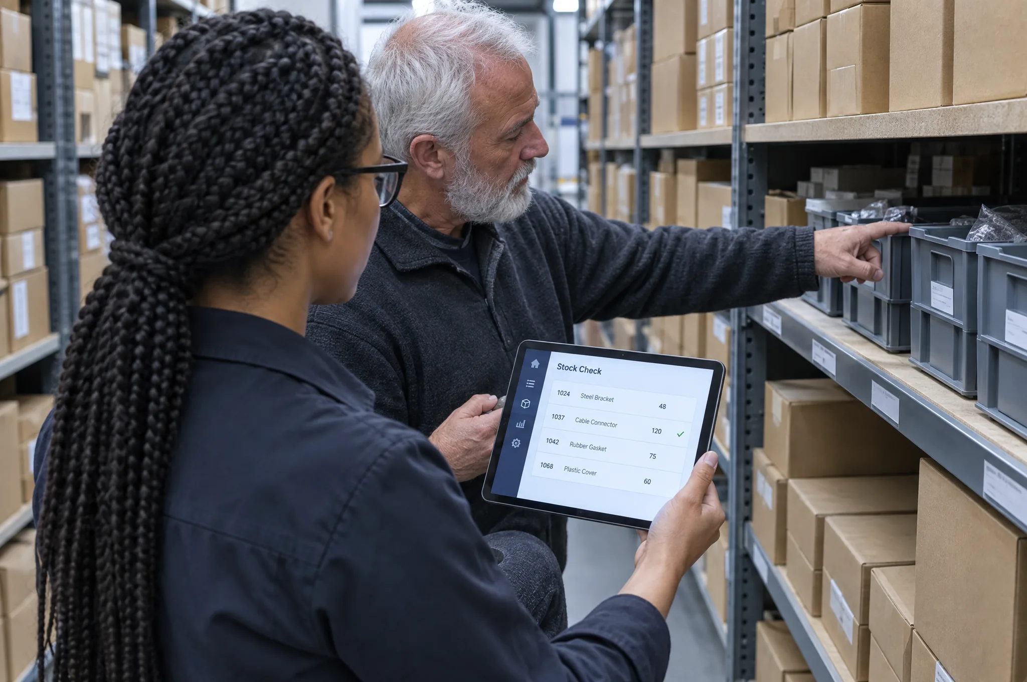 ERP engineer checking stock counts on a tablet against shelf stock with a stock lead ERP engineer checking stock counts on a tablet against shelf stock with a stock lead