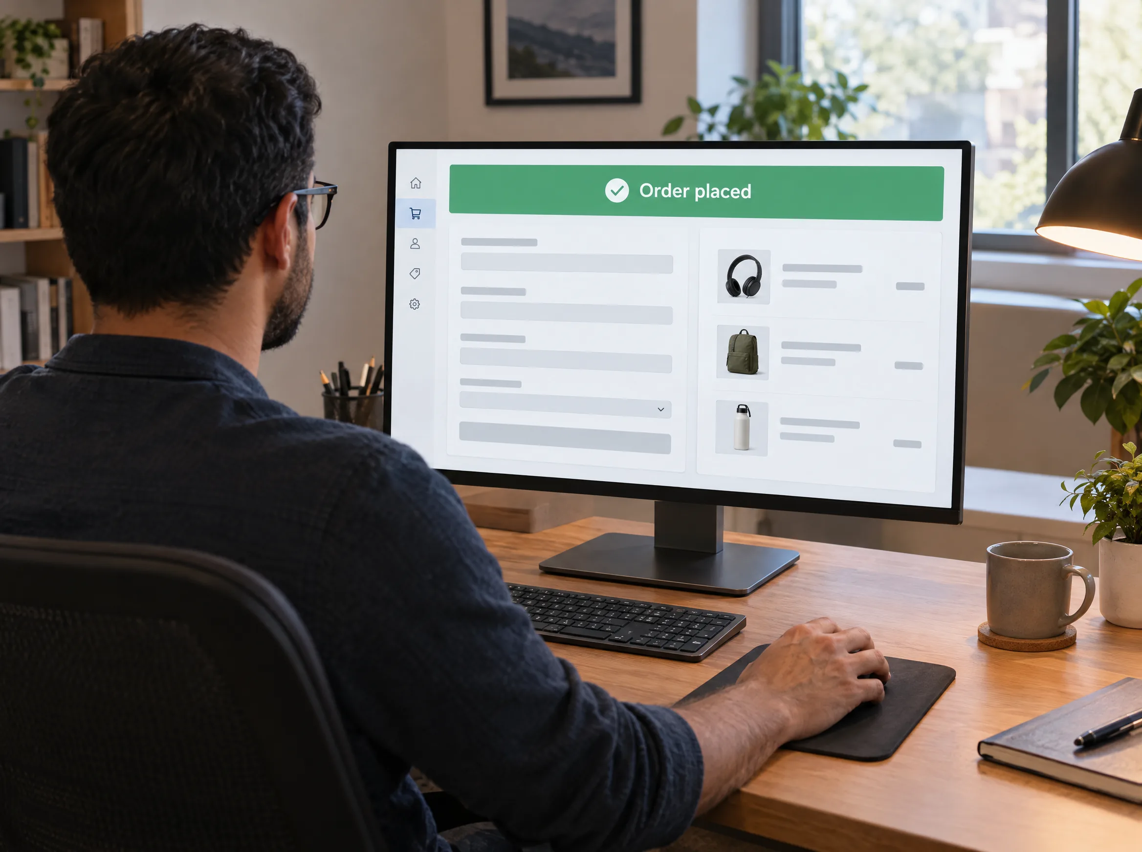Developer checking that a store checkout ends with order placed on his monitor Developer checking that a store checkout ends with order placed on his monitor
